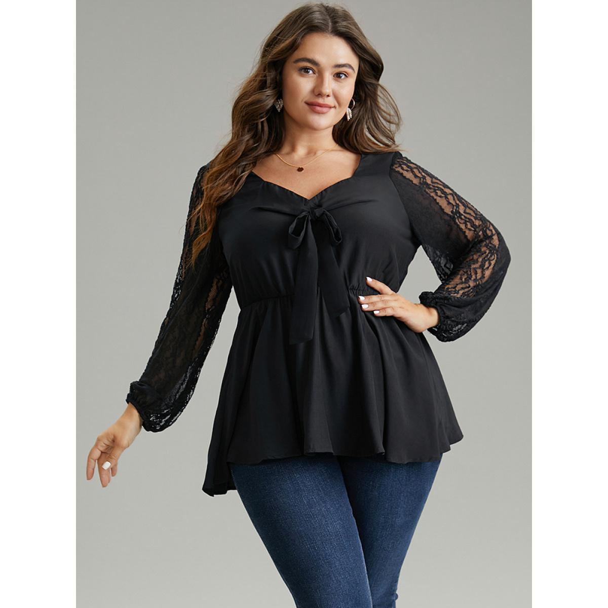 Plus Size Black Crochet Lace Bowknot Elastic Waist Blouse Women Elegant Long Sleeve Square Neck Dailywear Blouses BloomChic 30/6X Product Image
