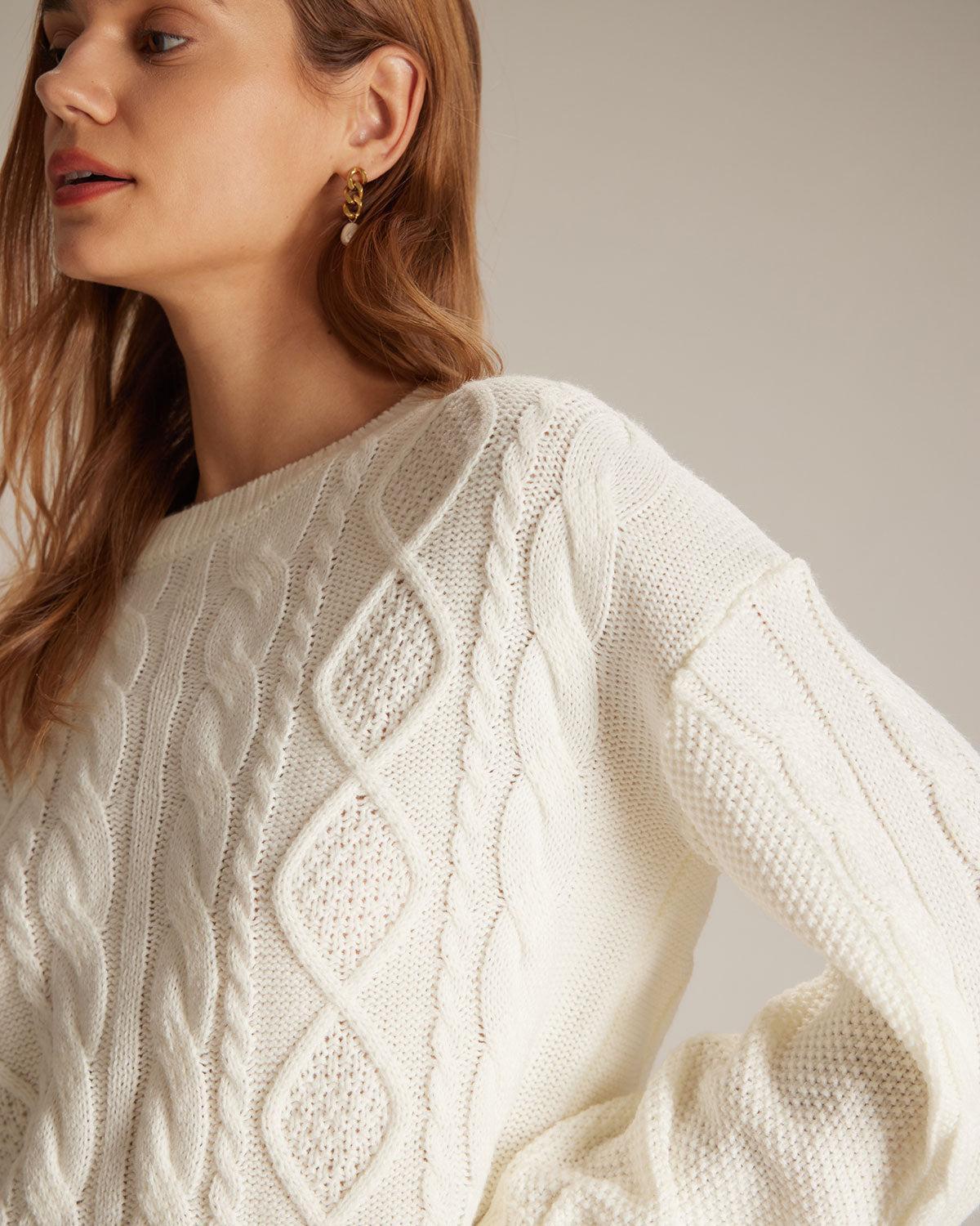 The Beige Round Neck Ribbed Cable Sweater Product Image