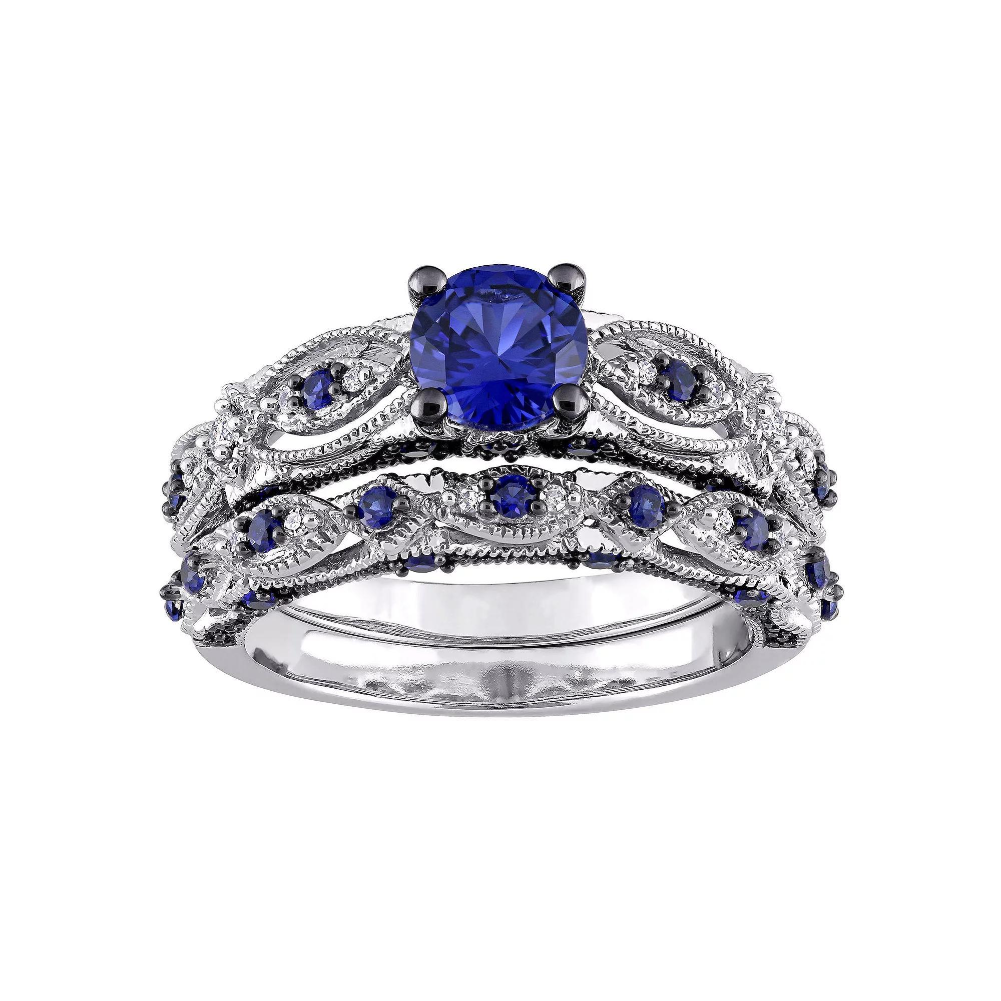 Stella Grace 10k White Gold Lab-Created Sapphire & 1/10 Carat T.W. Diamond Vintage Filigree Engagement Ring Set, Women's, Size: 6.50, 10k Whgold Product Image