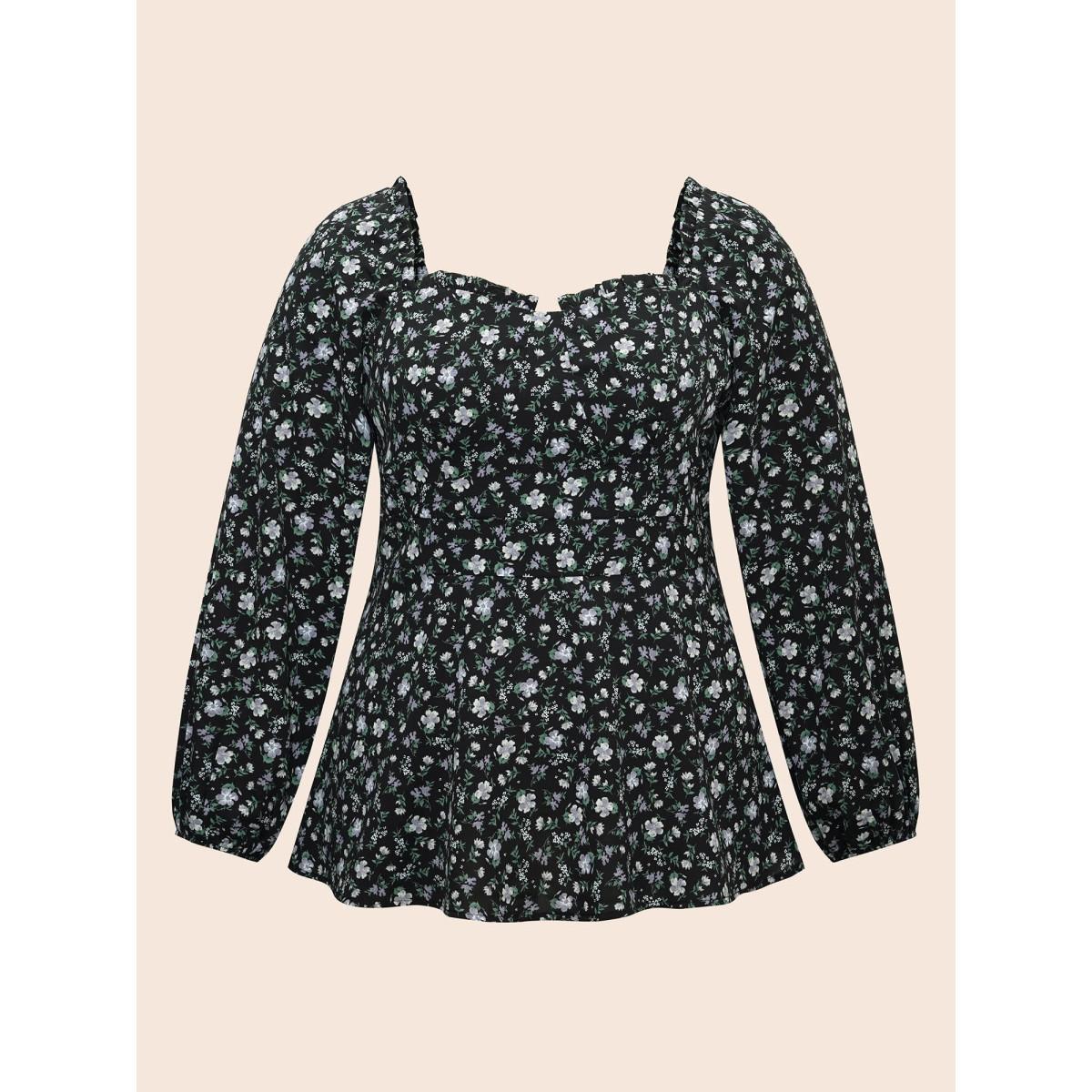 Plus Size Black Heart Neckline Ditsy Floral Shirred Blouse Women Elegant Long Sleeve Heart neckline Everyday Blouses BloomChic 28/5X Product Image