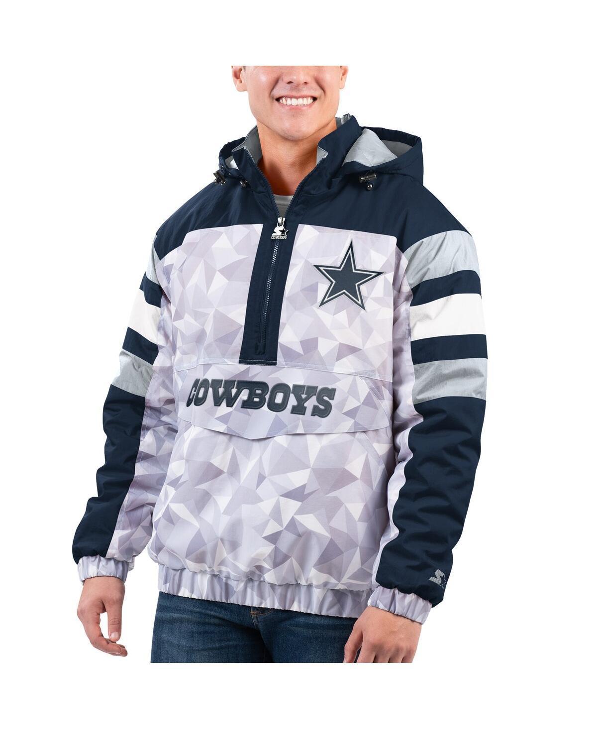 Men's Starter White/Navy Dallas Cowboys Thursday Night Gridiron Raglan Half-Zip Hooded Jacket, Size: Medium, Grey Product Image