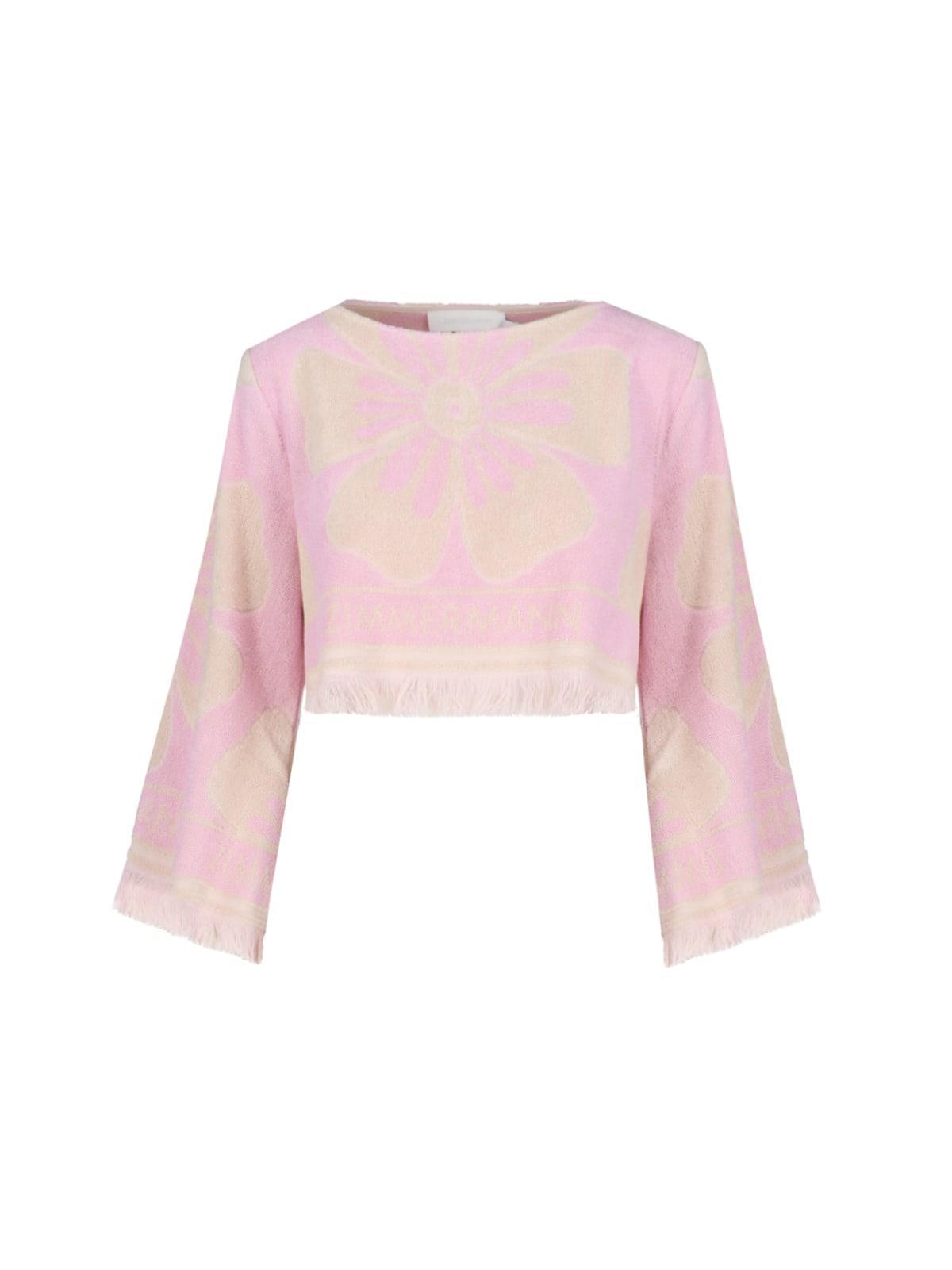 ZIMMERMANN Pop Fringed Cropped Cotton-terry Jacquard Top In Pink Cream Product Image