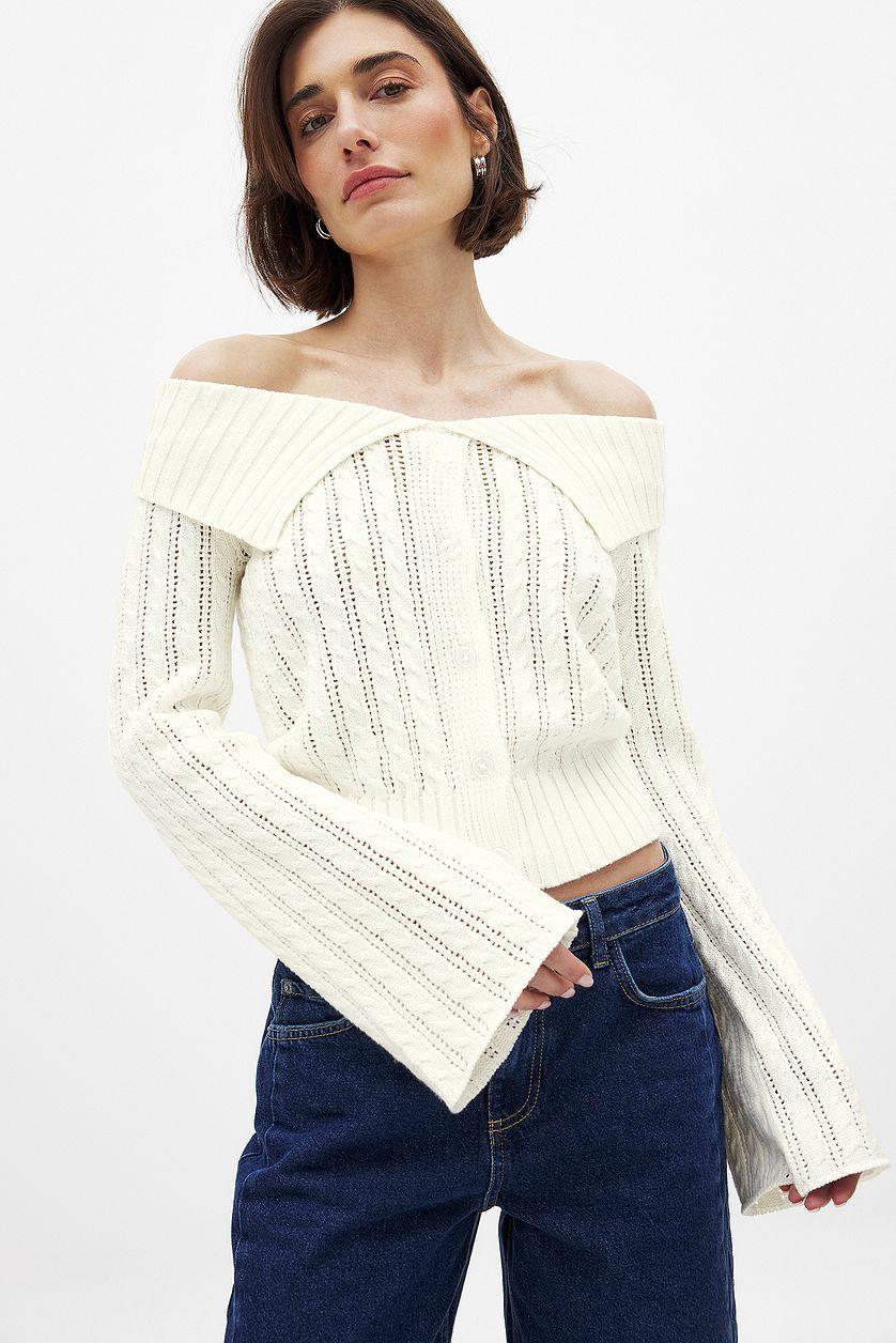 Knitted Off Shoulder Button Sweater Product Image