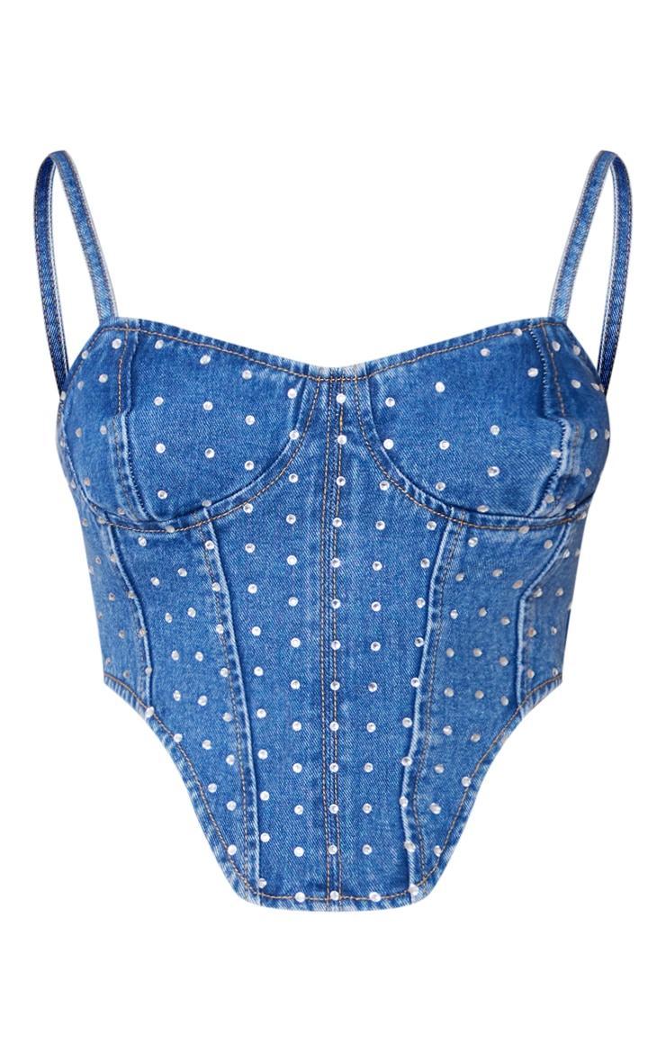 Mid Blue Wash Diamanté Detail Denim Corset Top Product Image