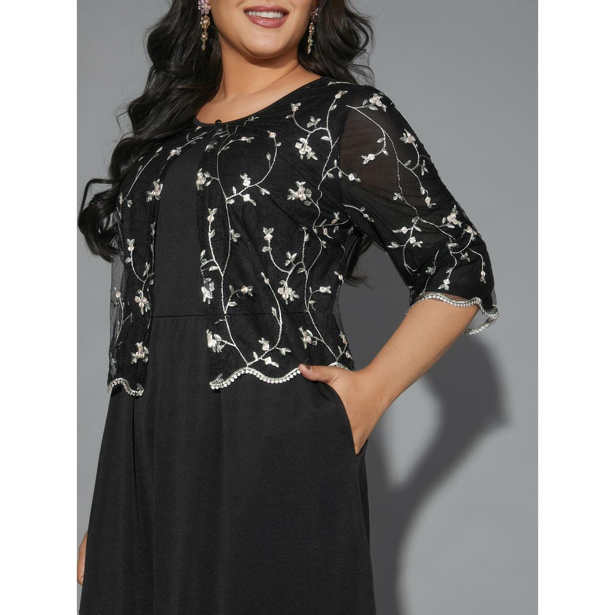 Plus Size Round Neck Floral Embroidered Dress Black Women Cocktail Texture Party Curvy Bloomchic 18-20/2X Product Image