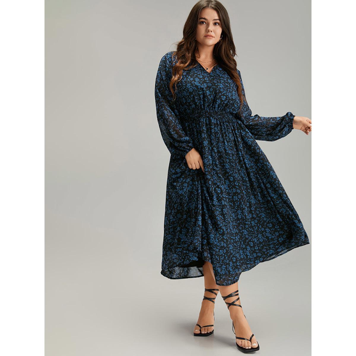 Plus Size Chiffon Ditsy Floral Pocket Shirred Cuffs Dress Black Women Elegant Elastic cuffs V-neck Long Sleeve Curvy Midi Dress BloomChic 12/L Product Image
