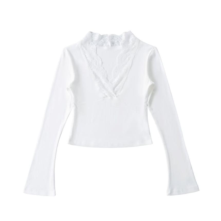 Bell Sleeve V-Neck Lace-Trim Plain Slim-Fit Crop Top Product Image