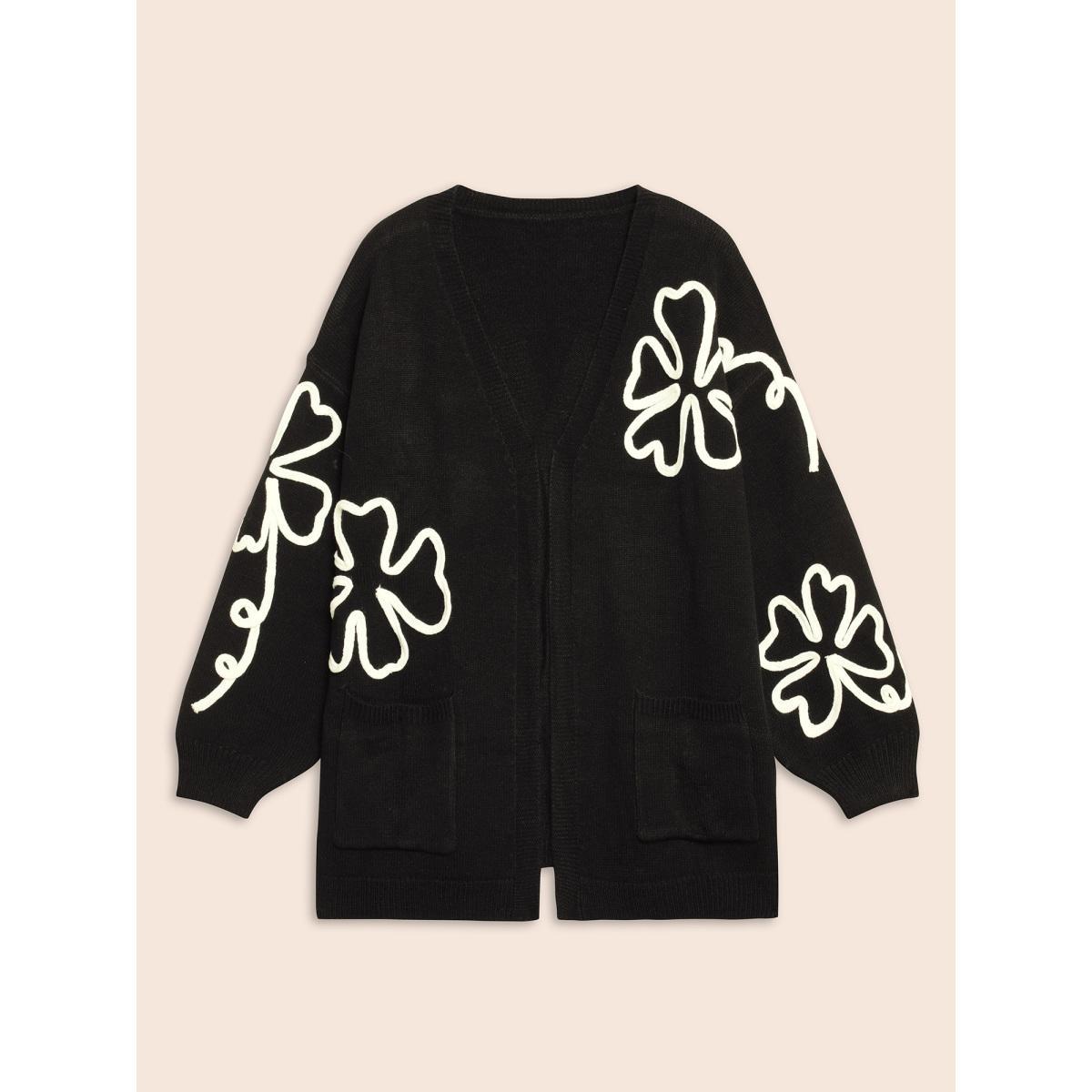 Plus Size Crochet Floral Kimono Collar Pocket Cardigan Black Women Casual Loose Long Sleeve Everyday Cardigans BloomChic 30/6X Product Image