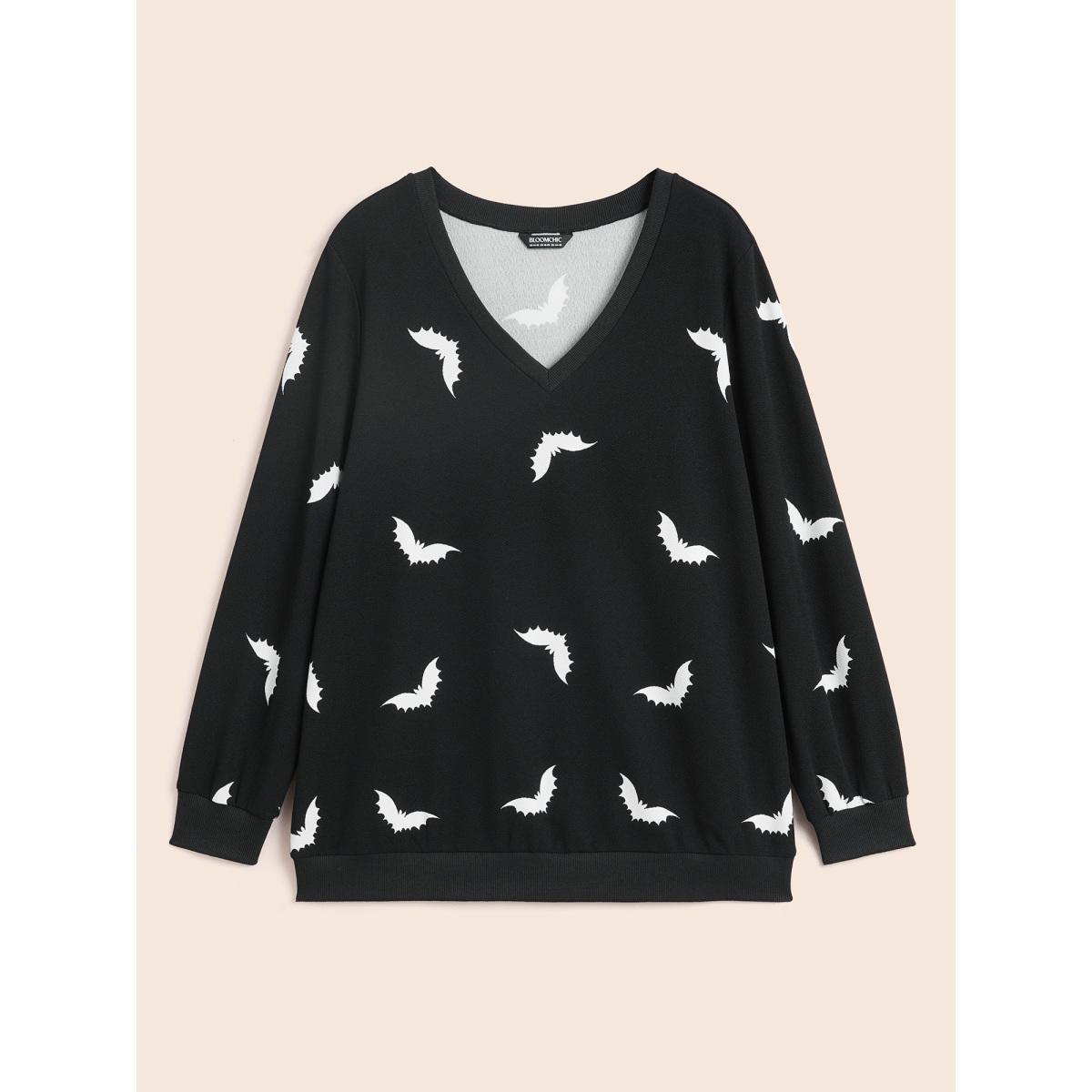 Plus Size Bat Print V-Neck Sweatshirt Women Black Casual Patchwork Loose V-neck Everyday Sweatshirts BloomChic 22-24/3X Product Image