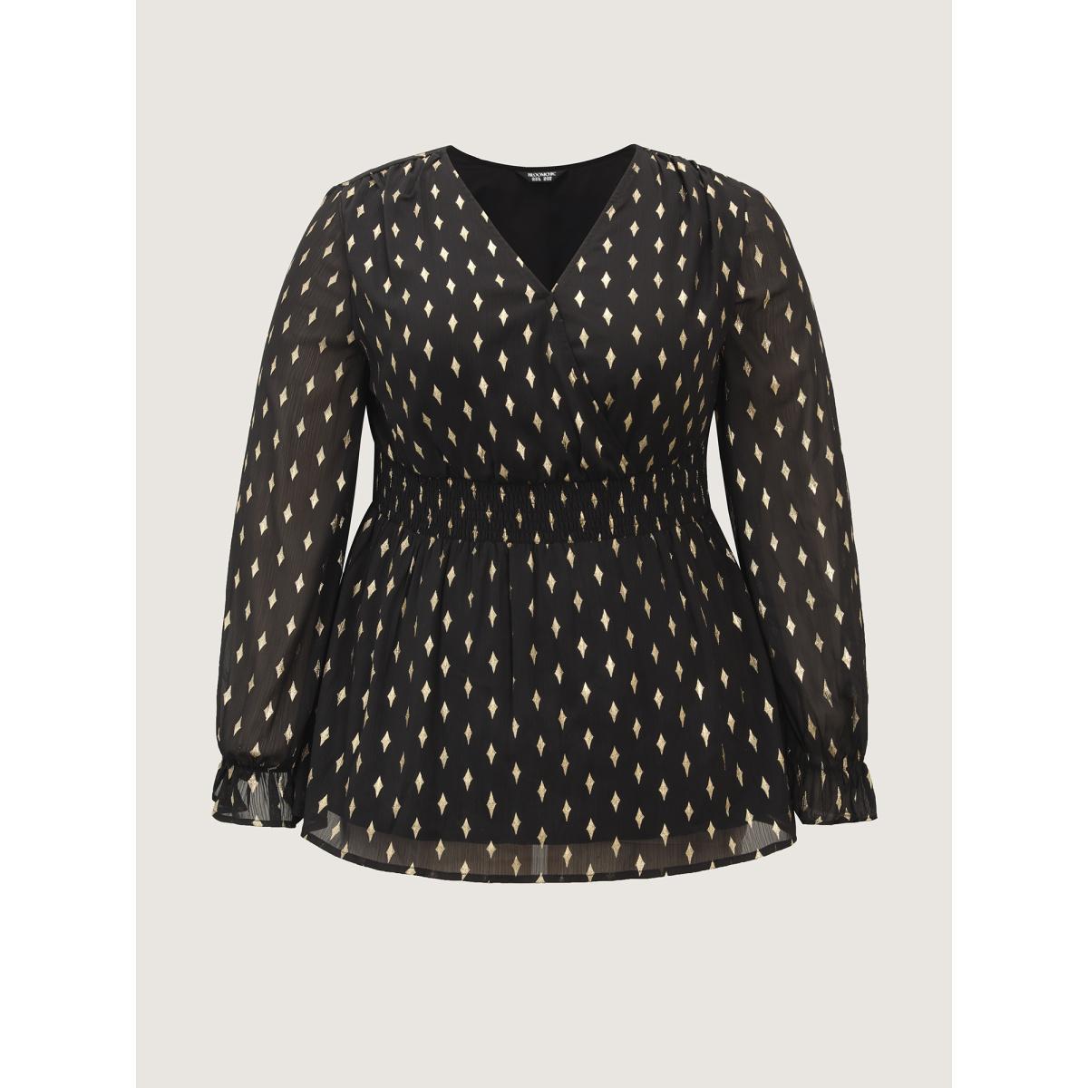 Plus Size Black Chiffon Gold Stamp Shirred Waist Blouse Women Formal Extra Long Sleeve Overlap Collar Party Blouses BloomChic 22-24/3X Product Image