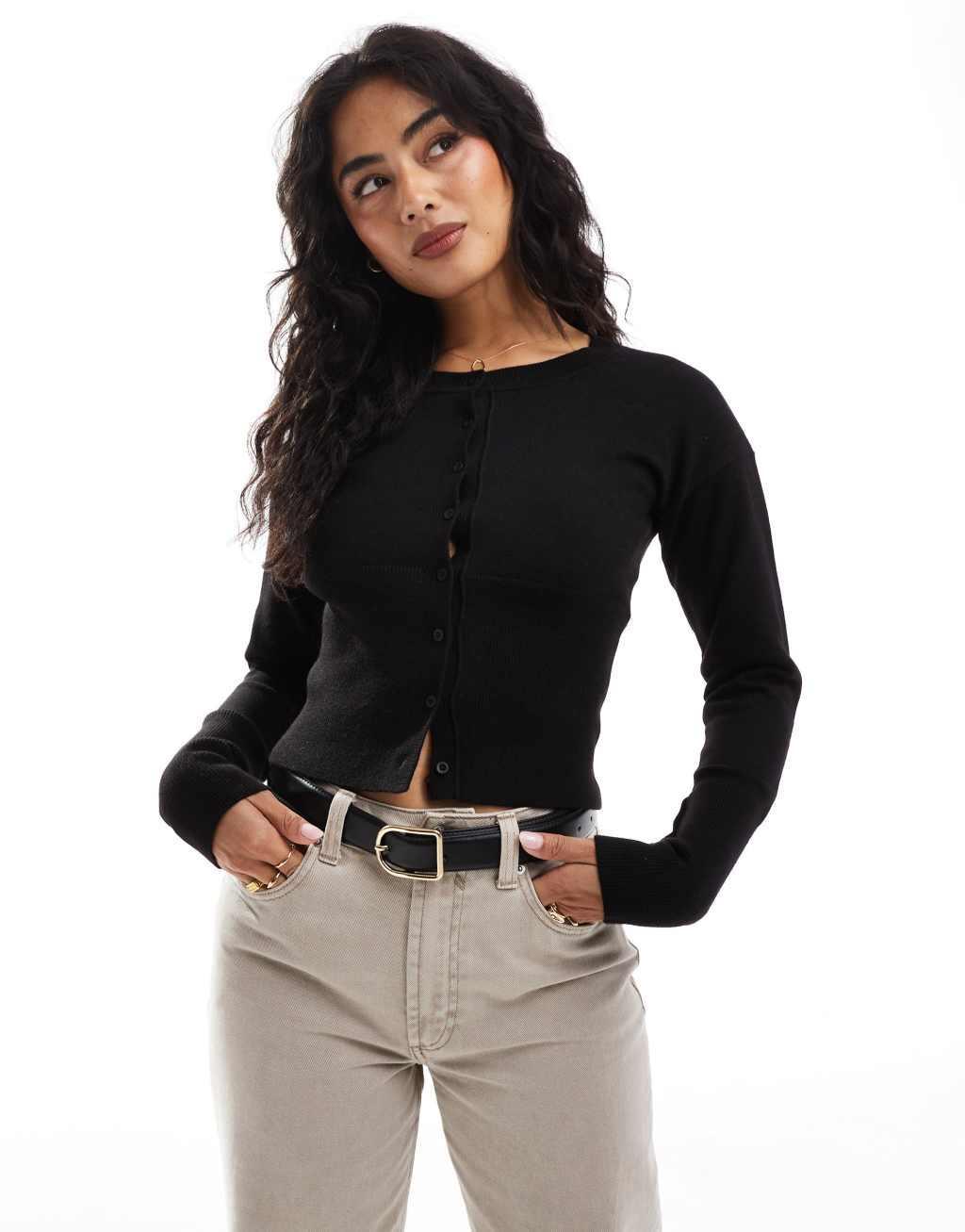 Cotton On everfine round neck cardigan in black Product Image