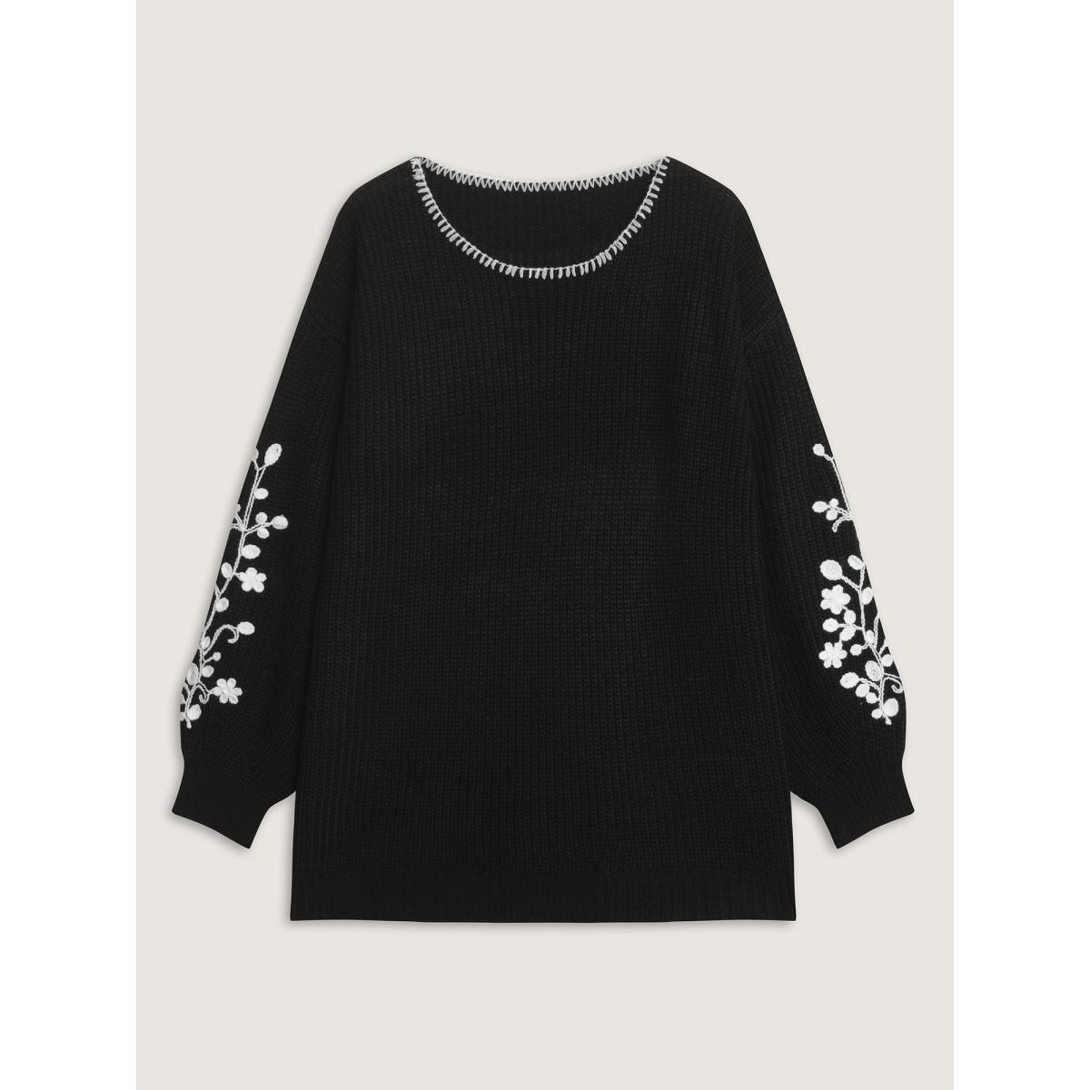 Plus Size Floral Embroidered Texture Pullover Black Women Timeless Loose Long Sleeve Round Neck Elegant Pullovers BloomChic 30/6X Product Image
