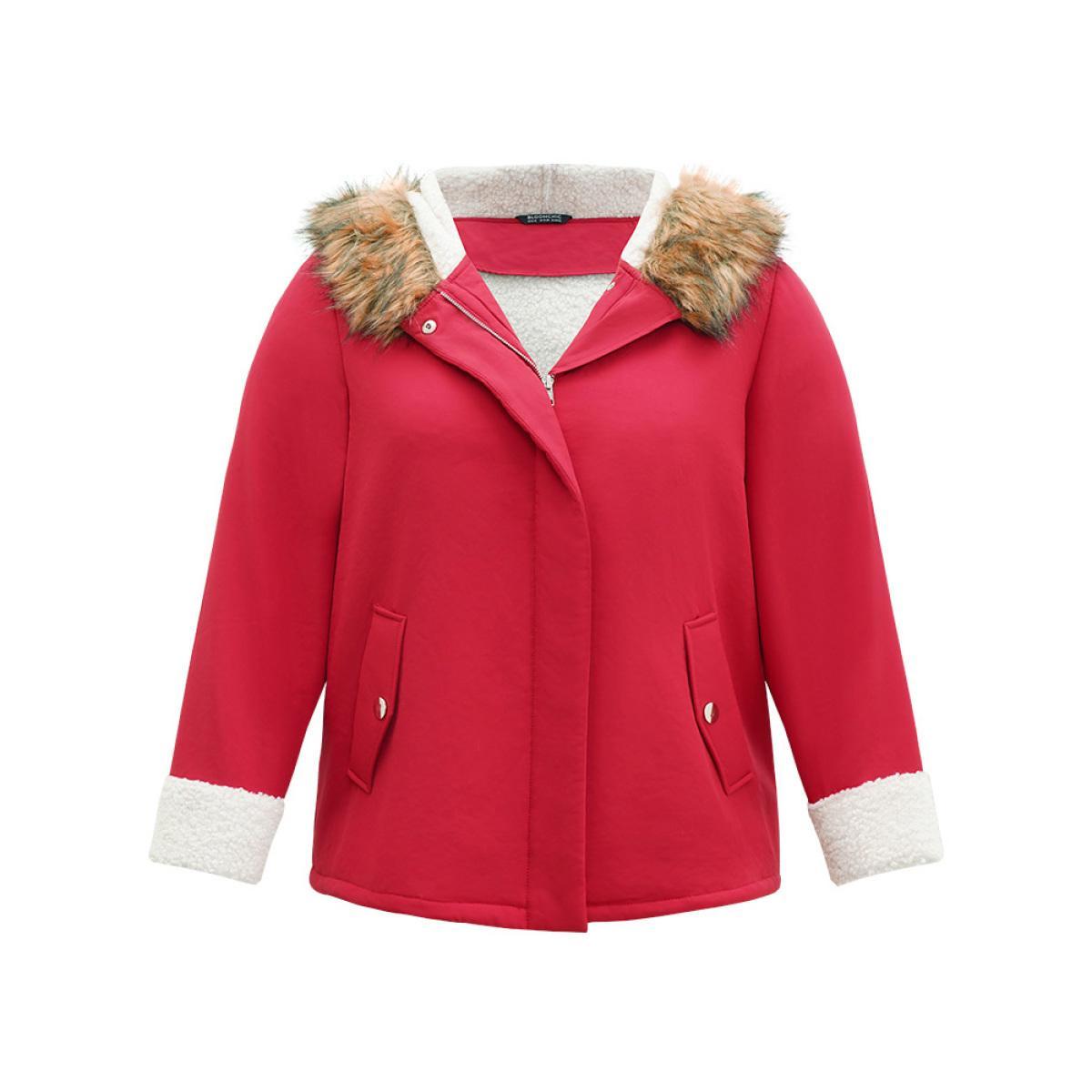 Plus Size Patchwork Fuzzy Trim Pocket Hooded Jacket Women Red Casual Contrast Ladies Party Winter Coats BloomChic 12/L Product Image