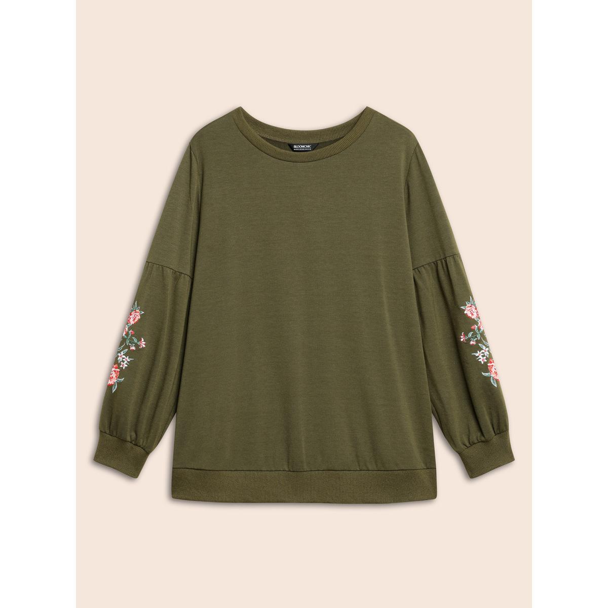 Plus Size Floral Embroidered Crew Neck Gathered Sweatshirt Women ArmyGreen Casual Embroidered Round Neck Everyday Sweatshirts BloomChic 26/4X Product Image