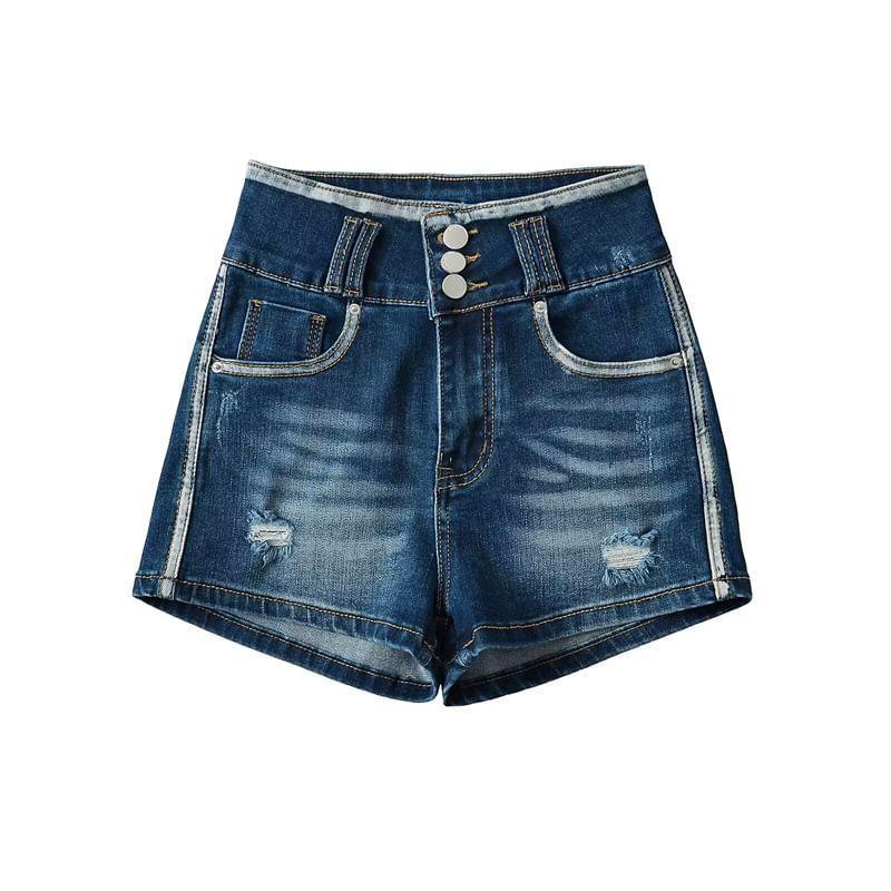 High Waist Contrast Trim Washed Distressed Hot Pants Product Image