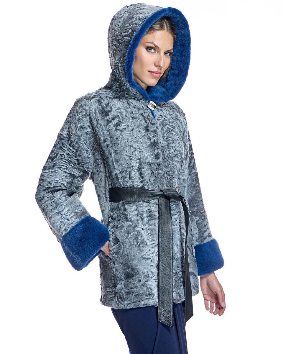 Hooded Swakara Lamb Jacket with Mink Trim Hood and Cuff Product Image