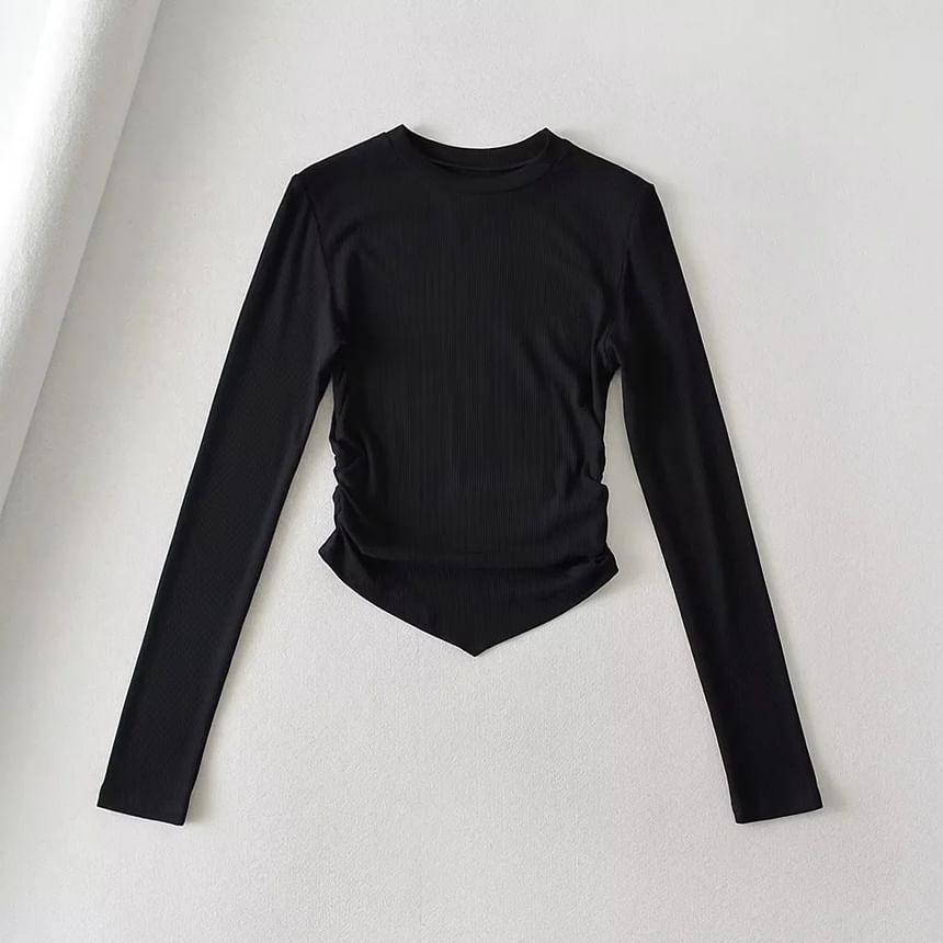 Long-Sleeve Crewneck Asymmetrical Plain Crop Top Product Image