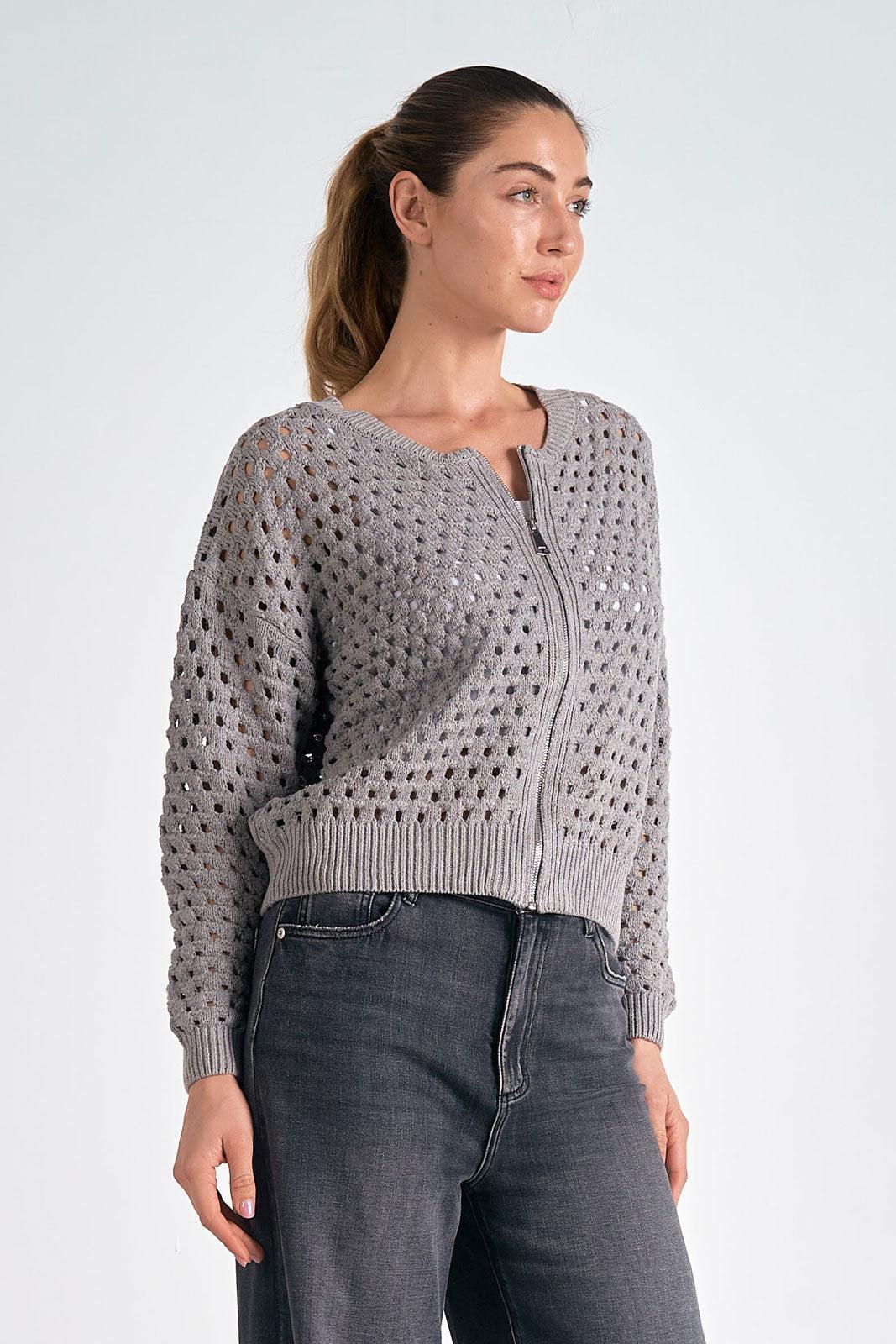 Crochet Zip-Up Cardigan Sweater Product Image