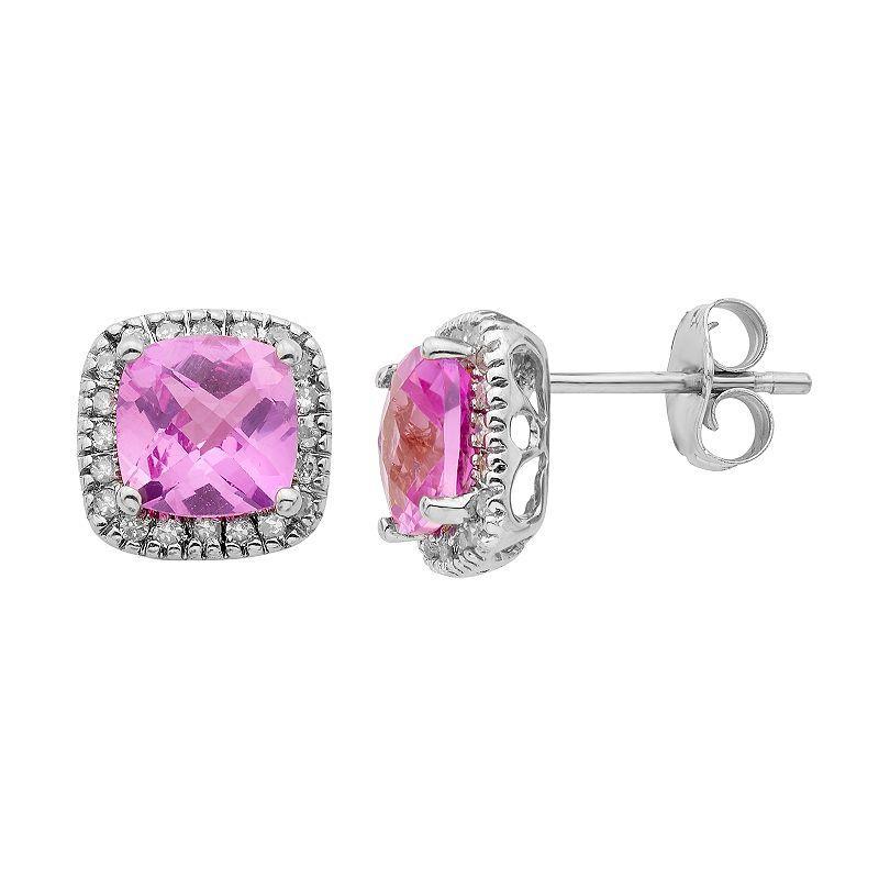 Lab-Created Pink Sapphire and 1/6 Carat T.W. Diamond 10K Gold Halo Button Stud Earrings, Women's, Yellow Product Image