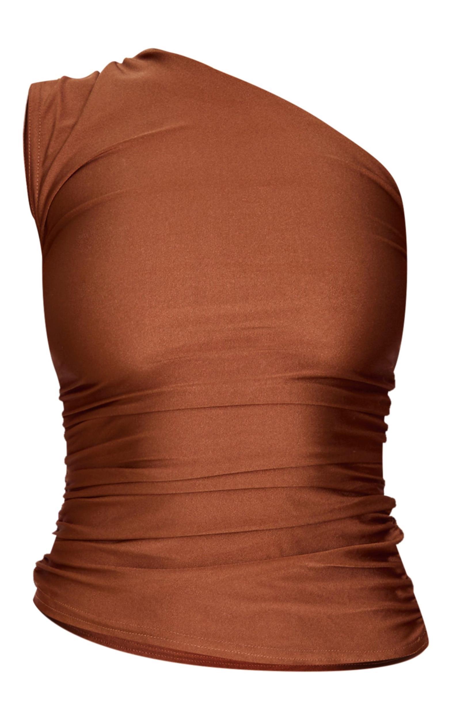 Chocolate Stretch Slinky Ruched Side Long Top Product Image
