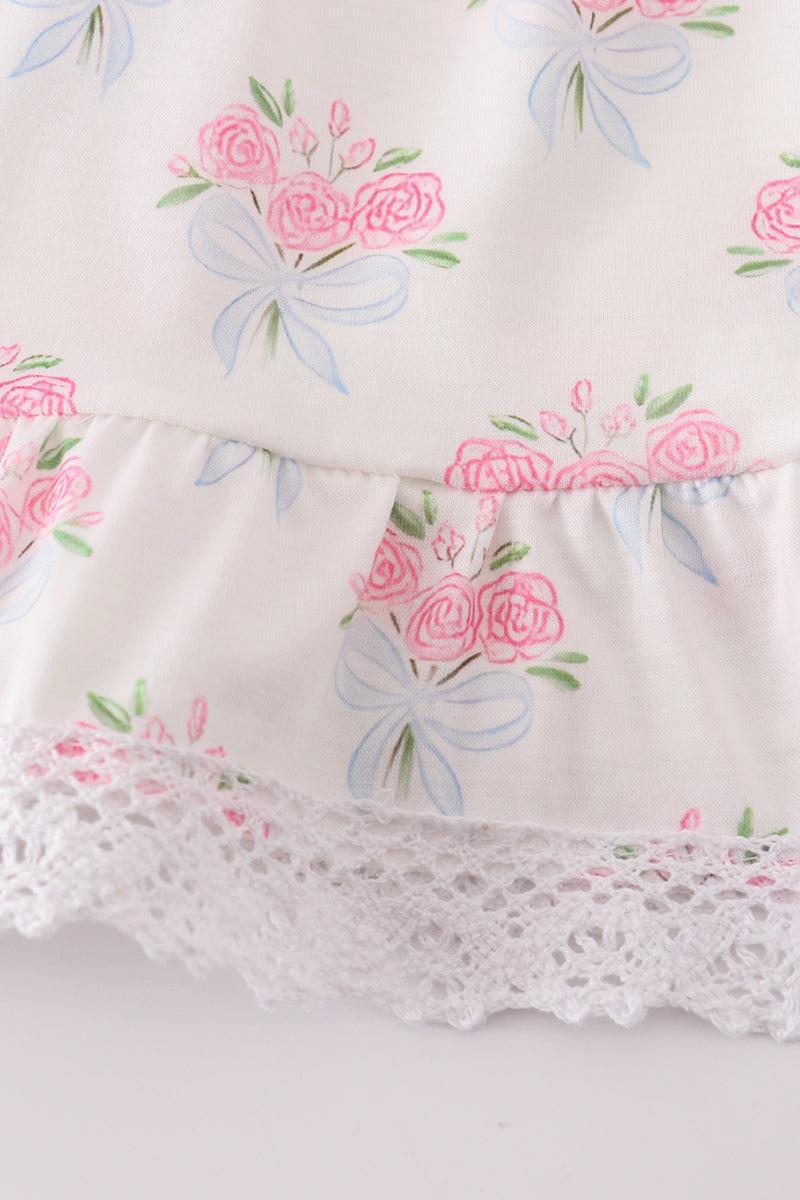 Blue floral bow print ruffle shorts set Product Image