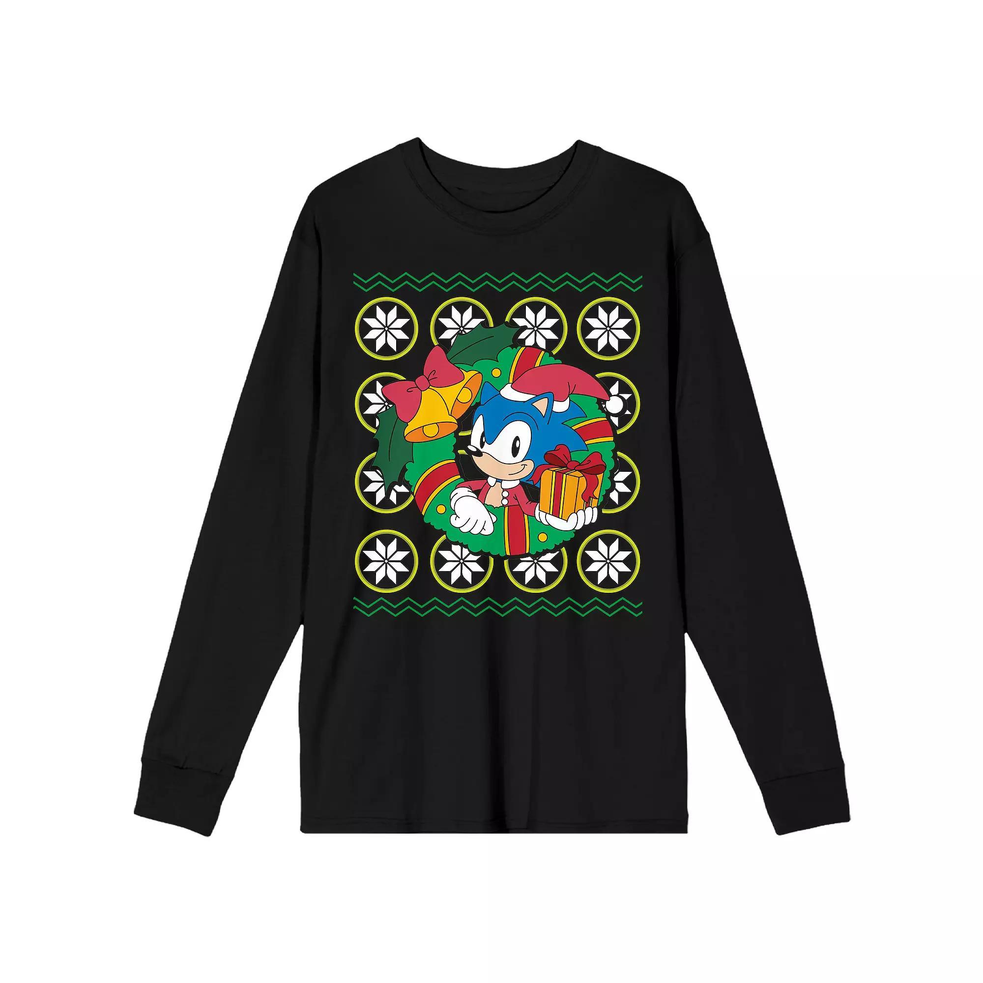 Men's Sonic The Hedgehog Classic Christmas Long Sleeve Graphic Tee, Size: Medium, Black Product Image