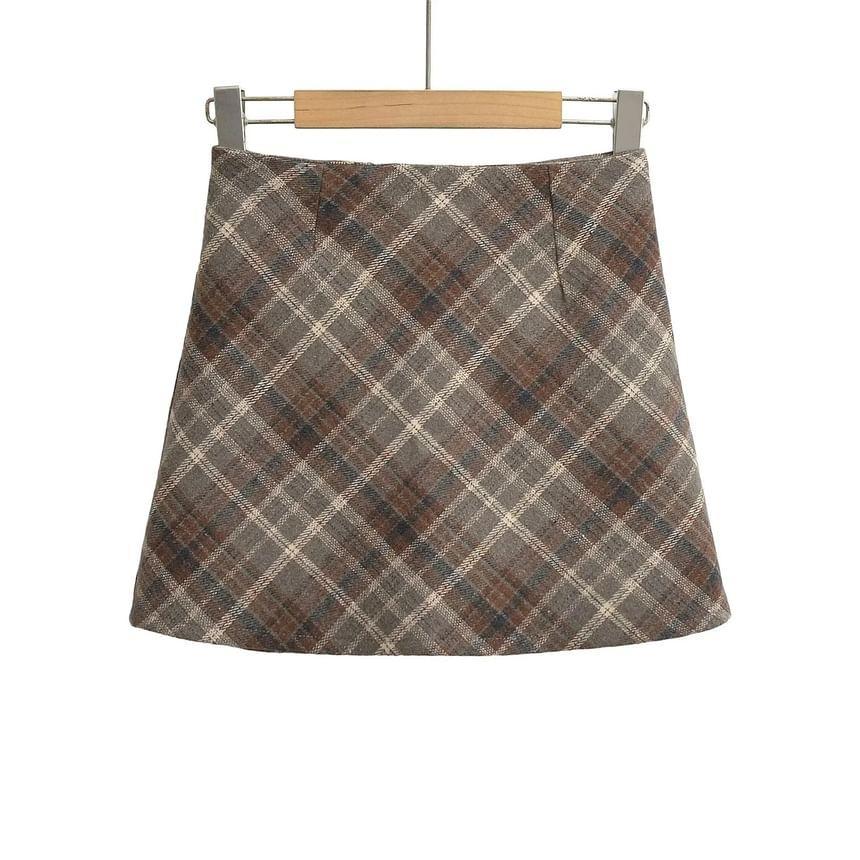 High Rise Plaid Mini Skirt Product Image