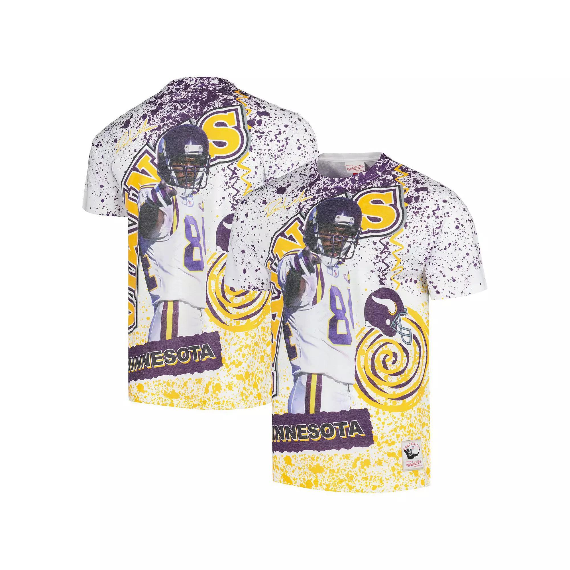 Men's Mitchell & Ness Randy Moss White Minnesota Vikings Retired Player Name & Number Burst T-Shirt,  Product Image