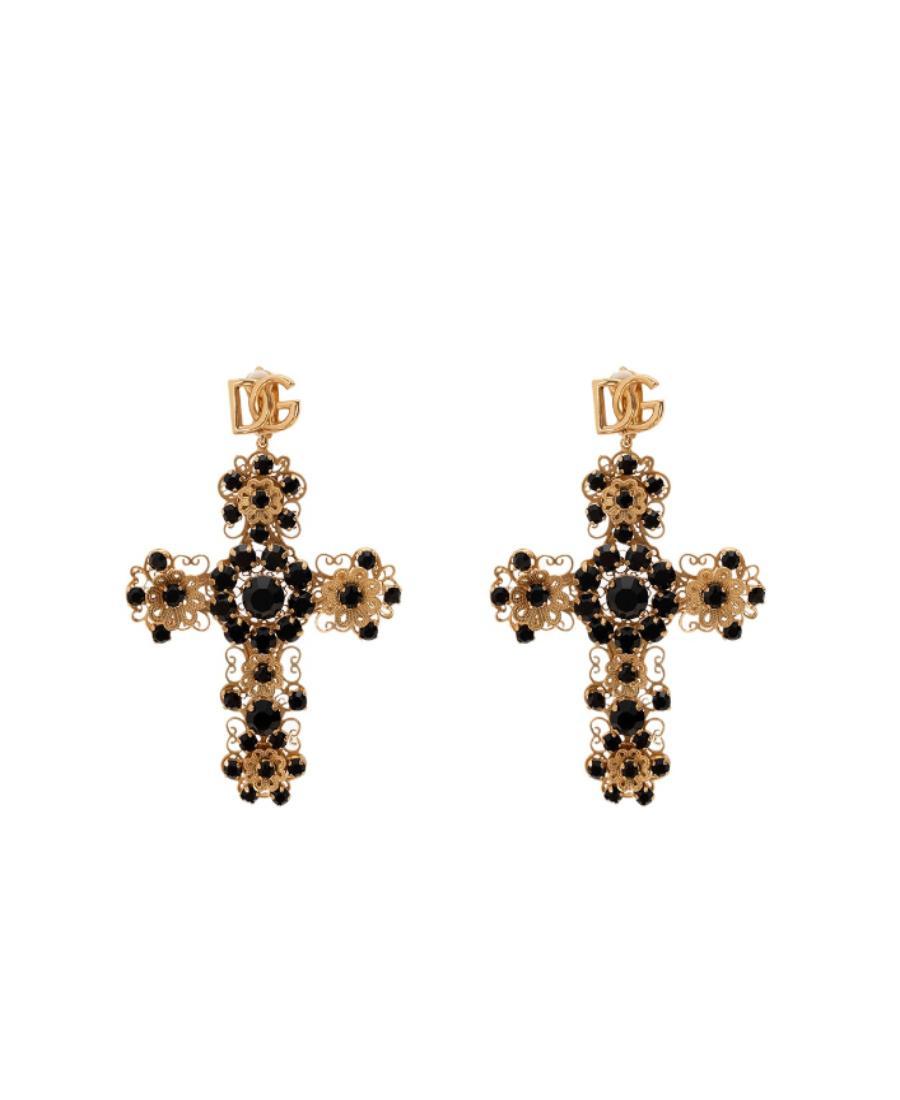 DOLCE & GABBANA Rhinestone-embellished Cross Pendant Earrings In Gold Product Image