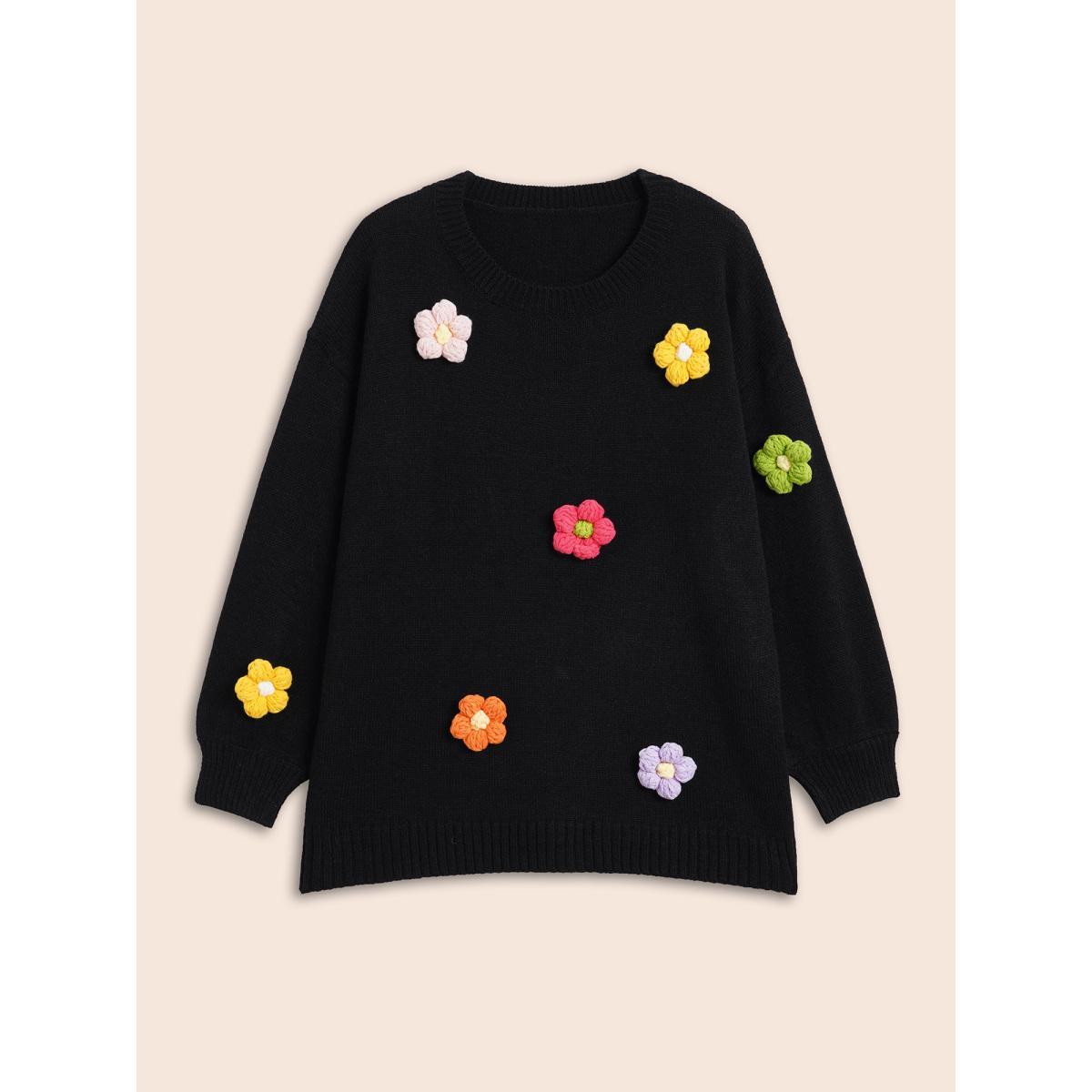 Plus Size Crochet Floral Drop Shoulder Sleeve Pullover Black Women Casual Long Sleeve Round Neck Everyday Pullovers BloomChic 18-20/2X Product Image
