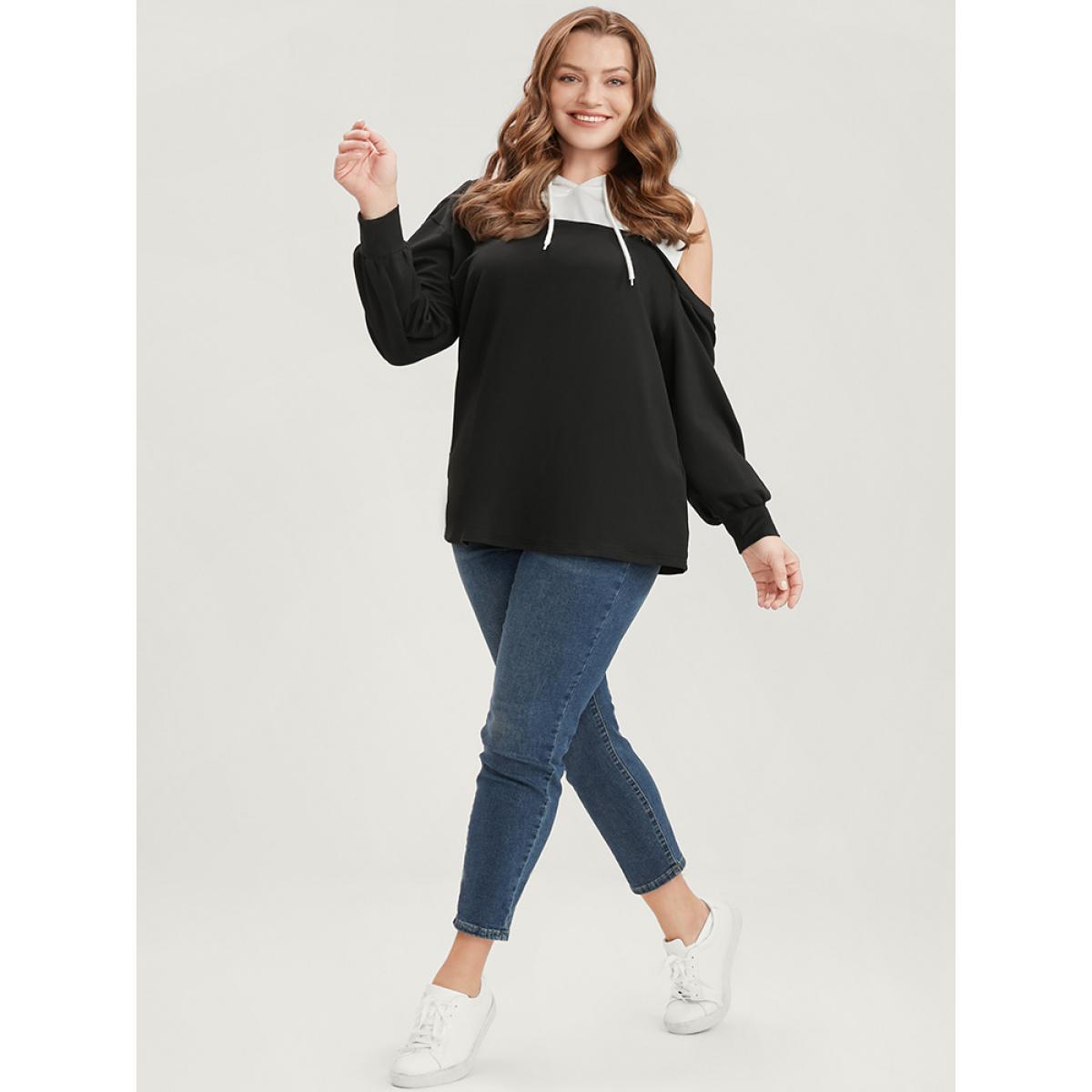 Plus Size Colorblock Contrast Drawstring Cut Out Sweatshirt Women Black Casual Contrast Hooded Dailywear Sweatshirts BloomChic 14-16/1X Product Image