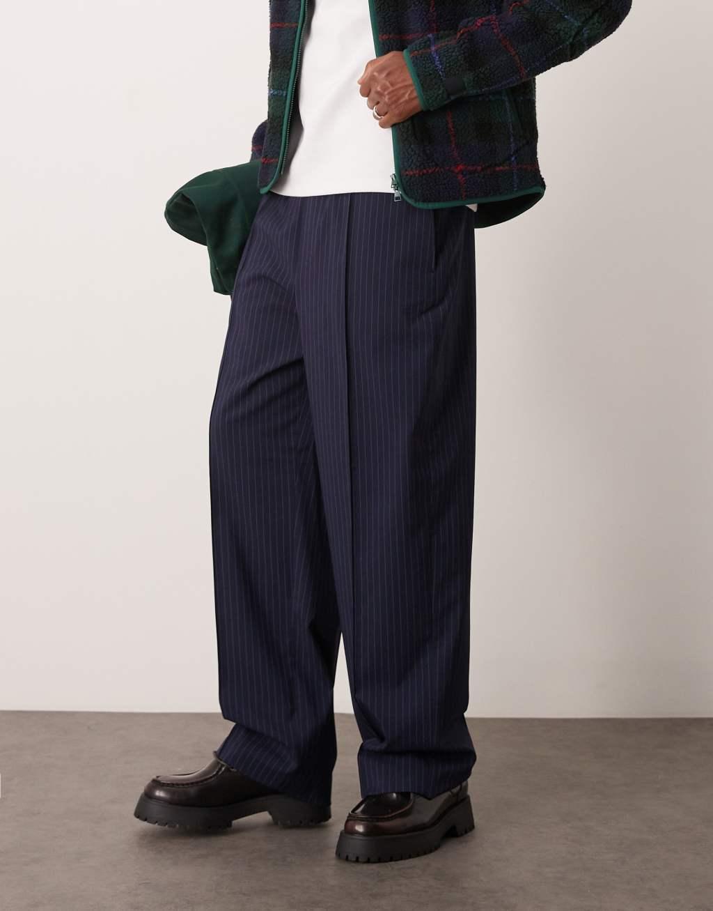 ASOS DESIGN smart wide leg pants in navy pinstripe Product Image