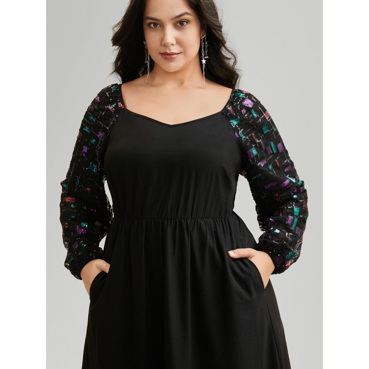 Plus Size Heart Neckline Sequin Mesh Patchwork Dress Black Women Cocktail Texture Party Curvy Bloomchic 22-24/3X Product Image
