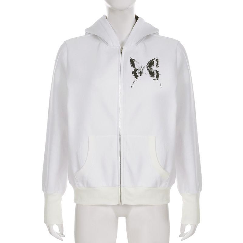 Butterfly Print Zip-Up Hoodie Product Image