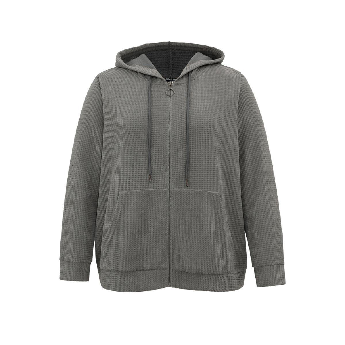 Plus Size Waffle Knit Plain Hooded Pocket Thick Sweatshirt Women DimGray Casual Waffle Knit Hooded Dailywear Sweatshirts BloomChic 22-24/3X Product Image