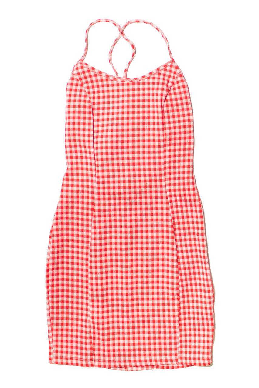 Red Gingham Lace Up Back Mini Dress Product Image