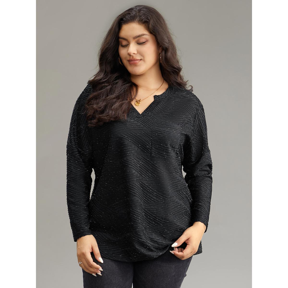 Plus Size Plisse Solid Notched Long Sleeve T-shirt Black Women Casual Texture Plain Notched collar Dailywear T-shirts BloomChic 12/L Product Image