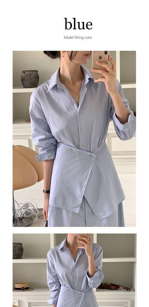 Set: Long-Sleeve Striped Midi Shirt Dress + Decorative Hem Product Image