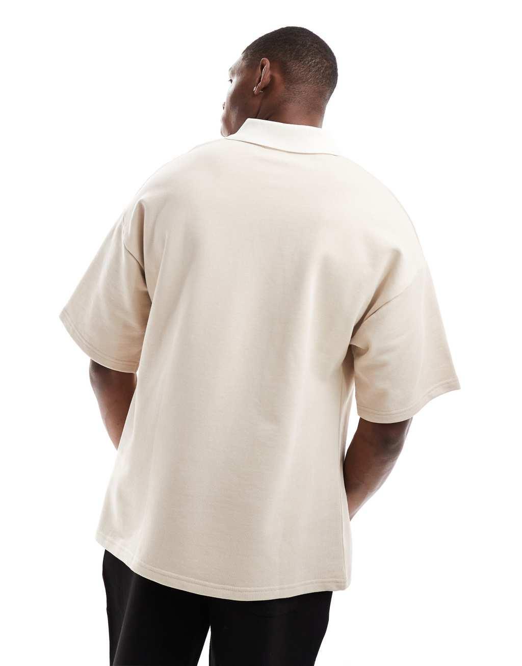 Selected Homme oversized rugby polo shirt in cream with white collar Product Image