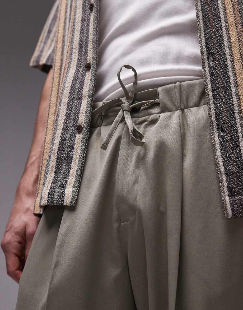 Topman wide leg sweatpants with elastic tie waist in khaki Product Image