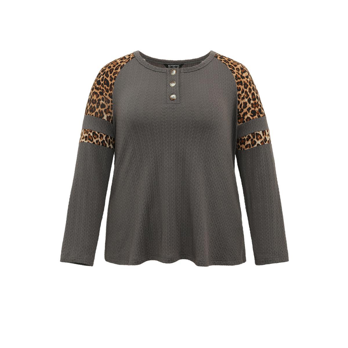 Plus Size Leopard Patchwork Contrast Jacquard T-shirt DimGray Women Casual Contrast Leopard Open Front Dailywear T-shirts BloomChic 10/M Product Image