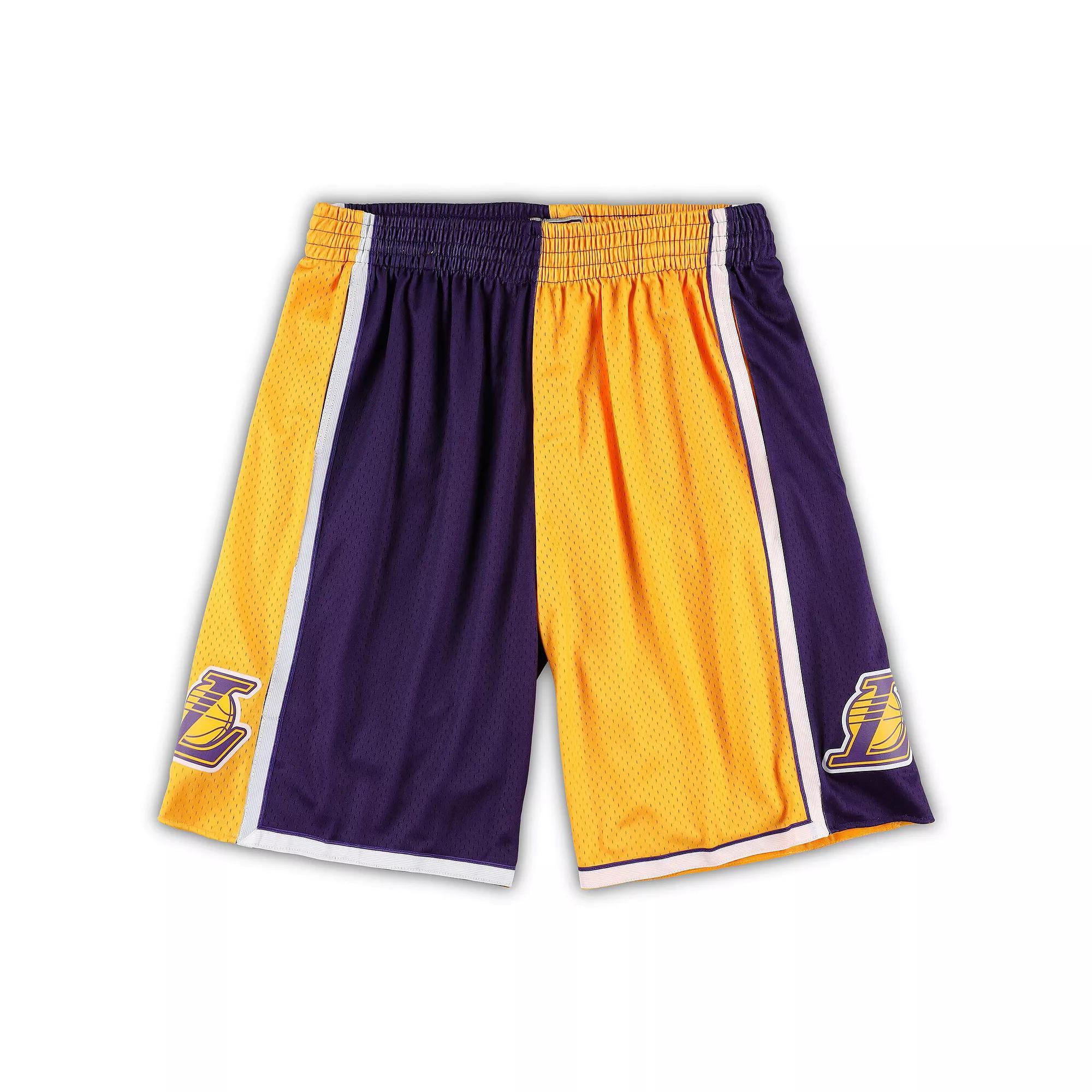 Men's Mitchell & Ness Gold/Purple Los Angeles Lakers Big & Tall Hardwood Classics Split Swingman Shorts,  Product Image