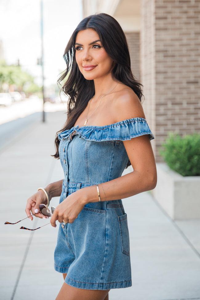 Hello Lovely Off The Shoulder Denim Romper Product Image