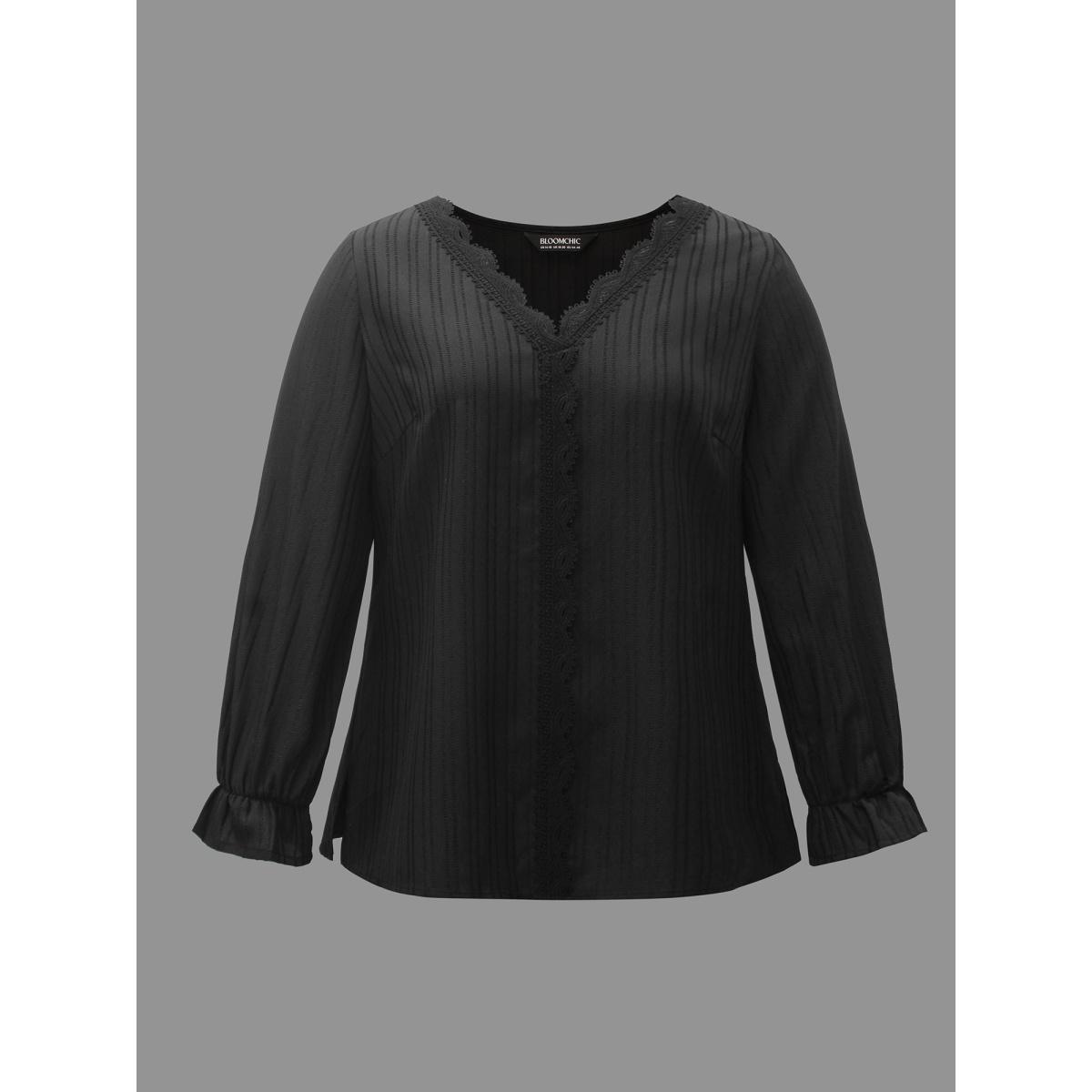 Plus Size Black Textured Lace Patchwork Pleated Blouse Women Elegant Long Sleeve V-neck Everyday Blouses BloomChic 30/6X Product Image