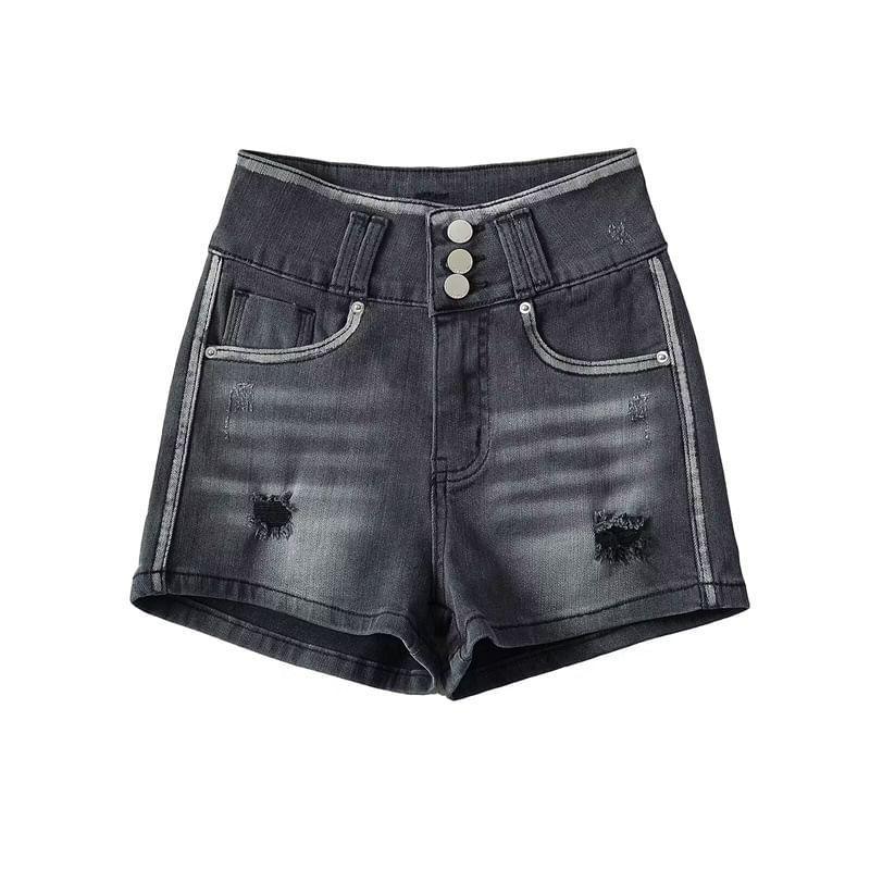 High Waist Contrast Trim Washed Distressed Hot Pants Product Image