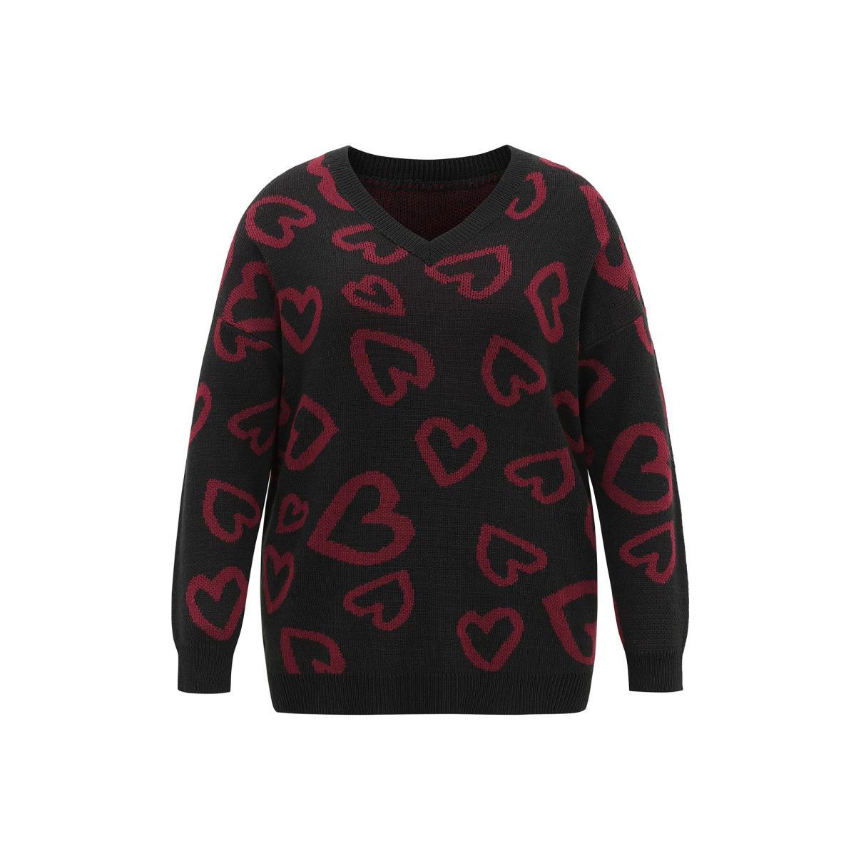 Plus Size Heart Jacquard Contrast Drop Shoulder Pullover Black Women Casual Loose Long Sleeve V-neck Dailywear Pullovers BloomChic 10/M Product Image