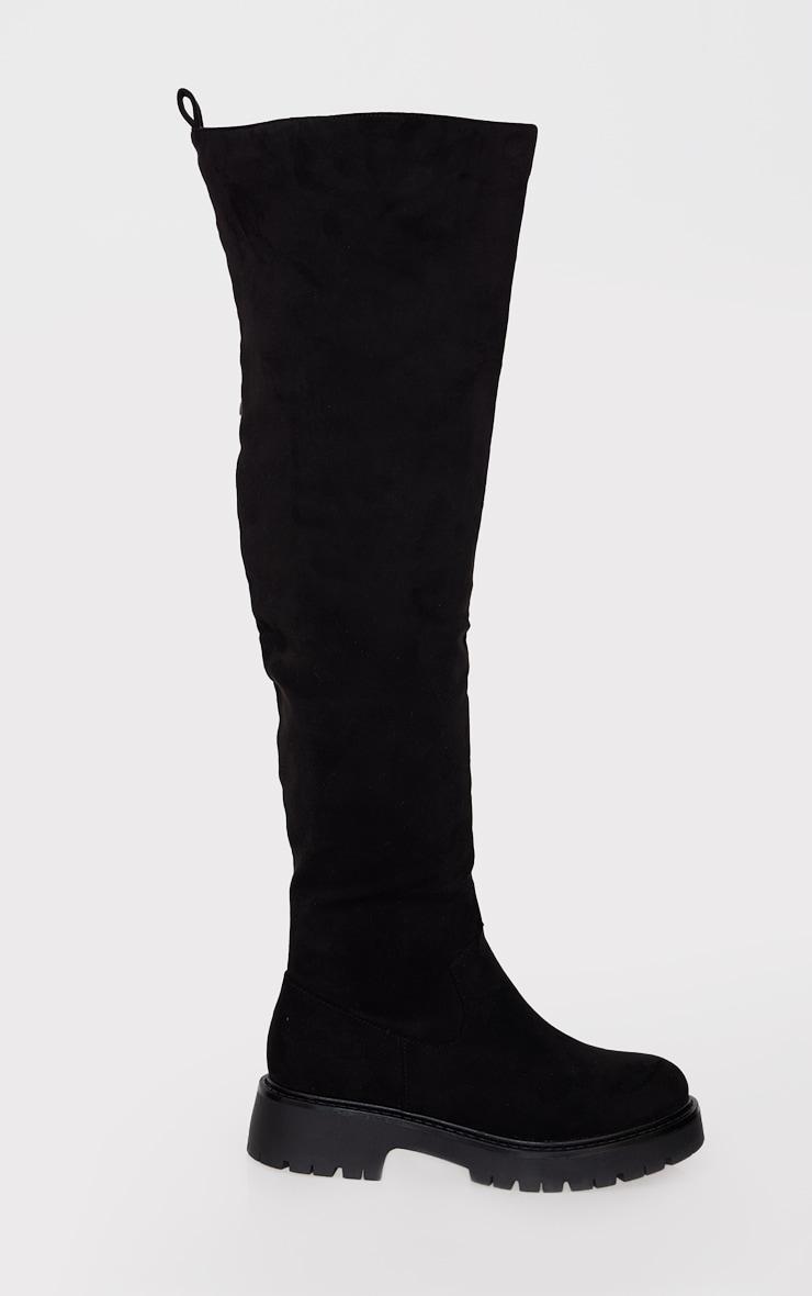 Wide Fit Black Faux Suede Round Toe Chunky Over The Knee Boots Product Image