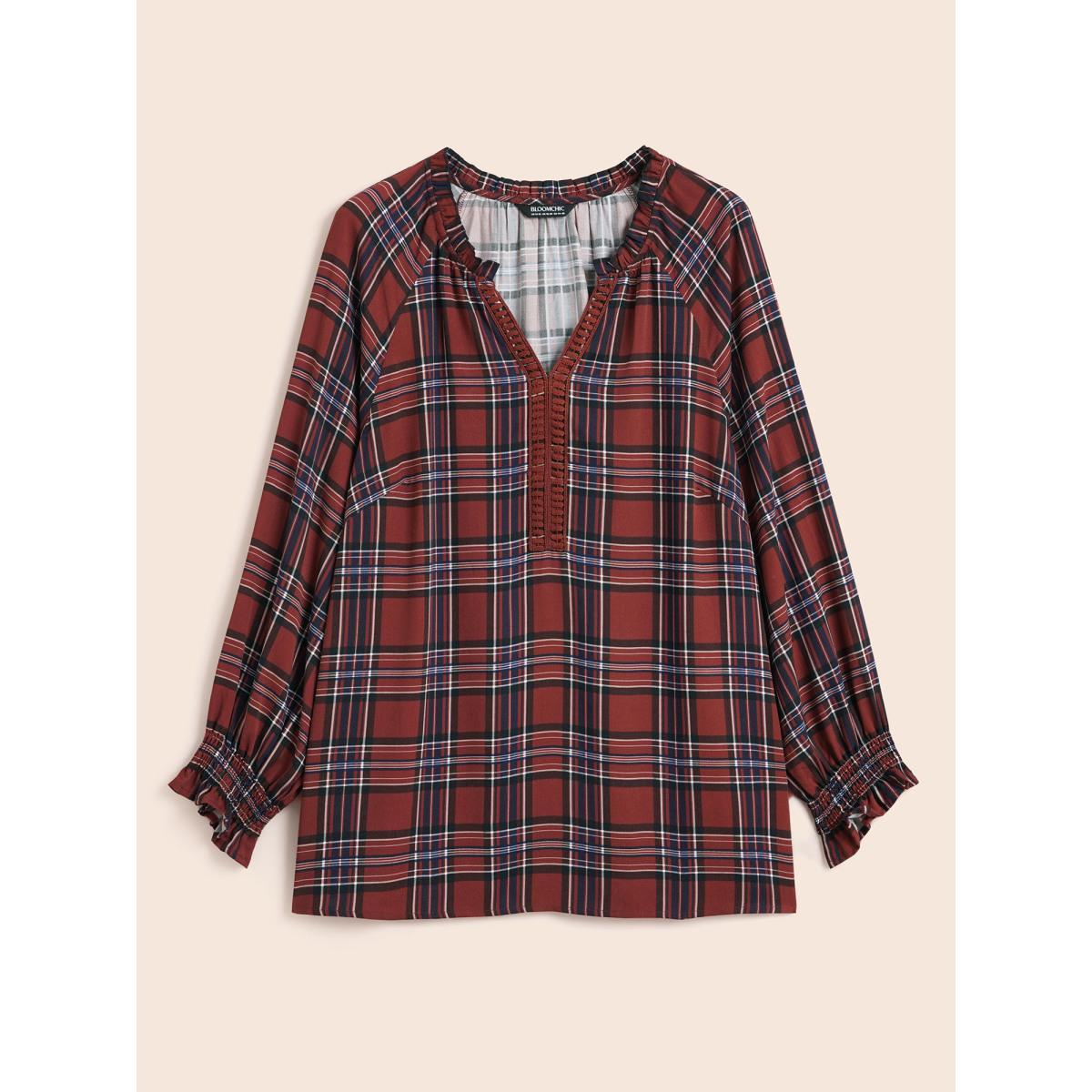 Plus Size Browncoffeecolor Plaid Contrast Webbing Ruffle Trim Blouse Women Elegant Long Sleeve Flat collar with V-notch Everyday Blouses BloomChic 12/L Product Image