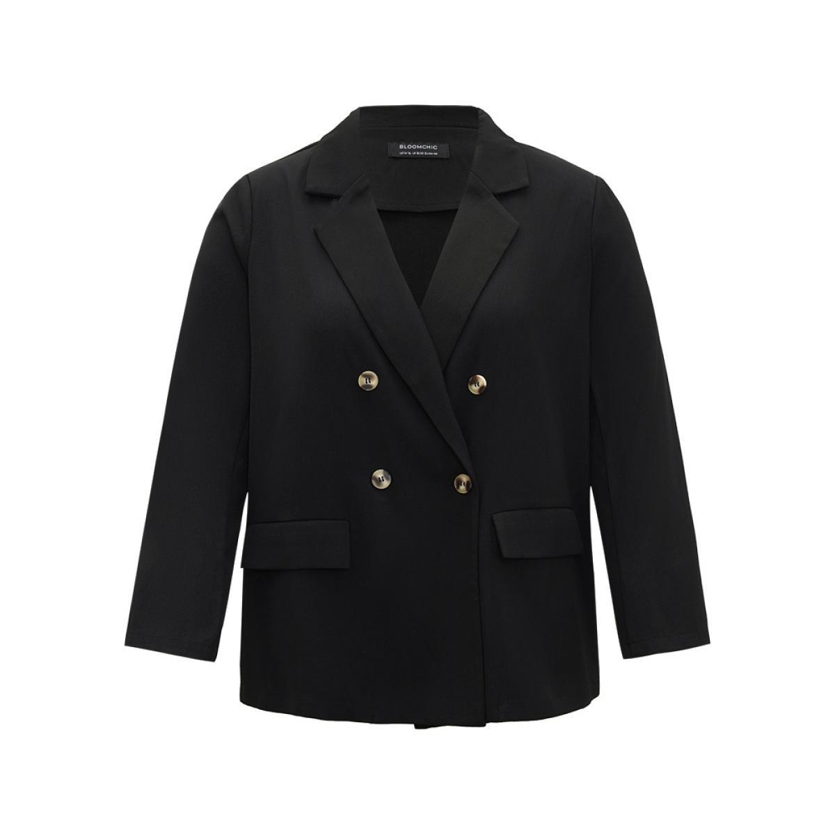 Plus Size Plain Suit Collar Pocket Double Breasted Blazer Black Women Office Plain Plain Sleeve Long Sleeve Suit Collar 10/M Pocket Workwear Essentials Blazers BloomChic Product Image