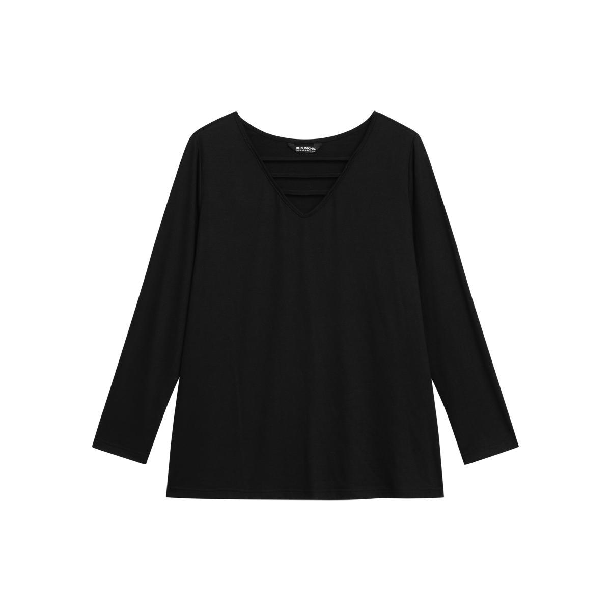 Plus Size V-neck Cut Out Straight Fit Tee Black Women Casual Cut-Out V-neck Everyday T-shirts BloomChic 14-16/1X Product Image